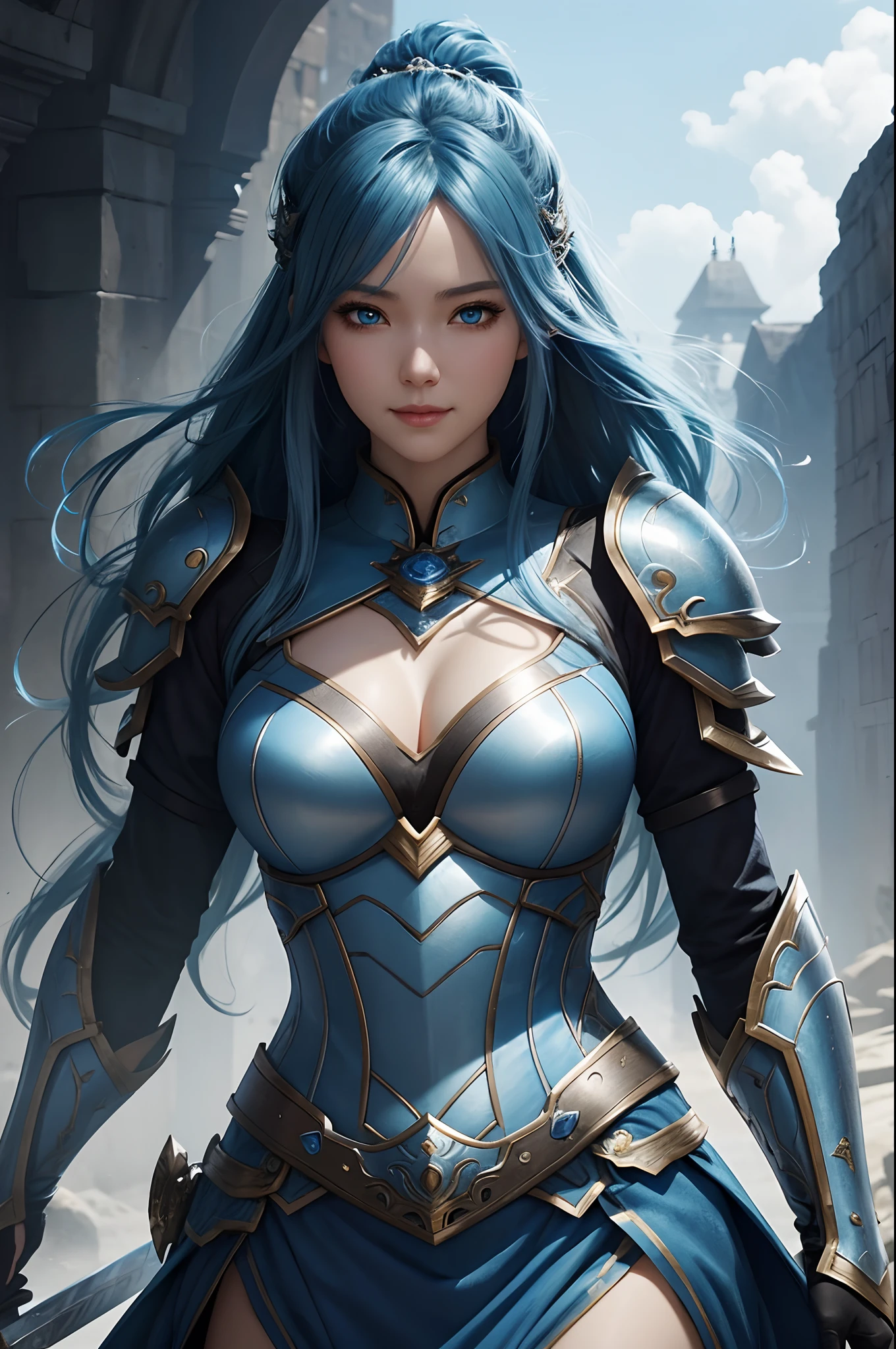 8K,Close-up of a woman in a blue and white dress、blue hairs, Super beauty,(Like the real thing)Blue eyes,Hold your sword,Chengwei Pan on Artstation、 Yang J 作、 Detailed fantasy art、Stunning character art、 Fan Art Best Art Station、 Magnificent exquisite character art、 Beautiful armor、Highly detailed Artgerm、 Detailed Digital Animation Art、 Artgerm on ArtStation Pixiv、 Girl in Armor,dynamic ungle,超A high resolution,a smile,