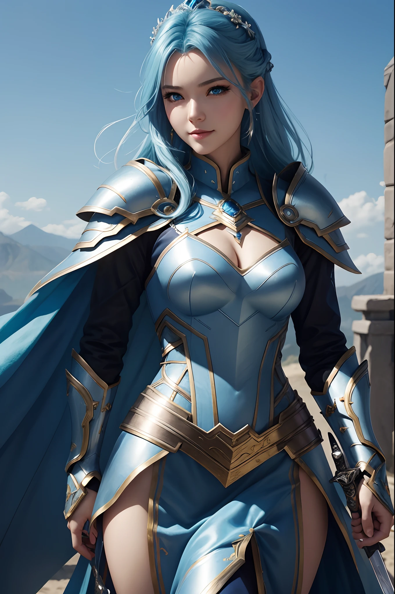 8K,Close-up of a woman in a blue and white dress、blue hairs, Super beauty,(Like the real thing)Blue eyes,Hold your sword,Chengwei Pan on Artstation、 Yang J 作、 Detailed fantasy art、Stunning character art、 Fan Art Best Art Station、 Magnificent exquisite character art、 Beautiful armor、Highly detailed Artgerm、 Detailed Digital Animation Art、 Artgerm on ArtStation Pixiv、 Girl in Armor,dynamic ungle,超A high resolution,a smile,