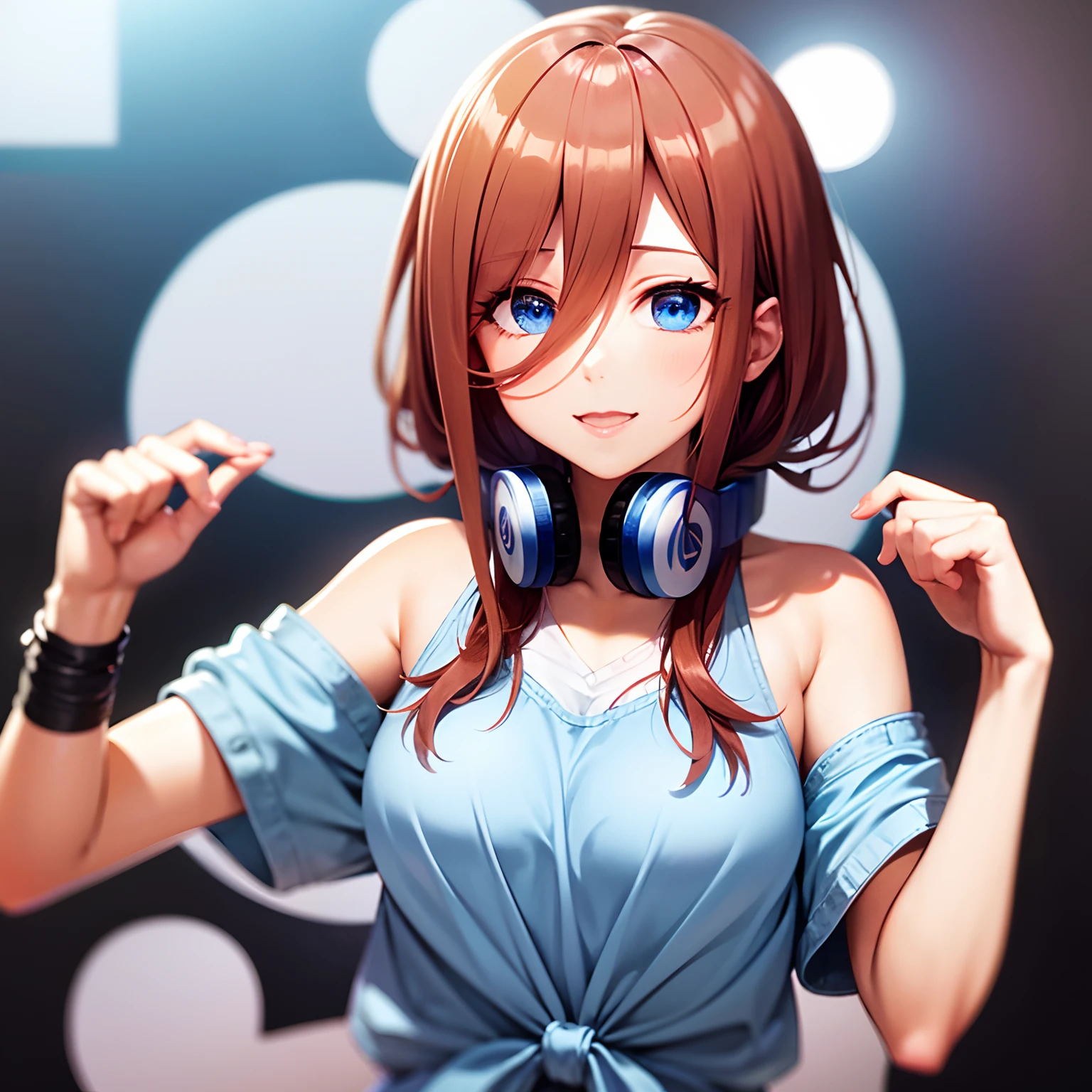 masutepiece, Best Quality, 超A high resolution, top-quality, The Bride of Fifths, Miku Nakano, Anime style, Wearing headphones, Hair that grows to the shoulders, Chestnut hair, Smile with shadow, (Blue yukata:1.4), Upper body, Bright green strip, 1girll, Swallow pattern