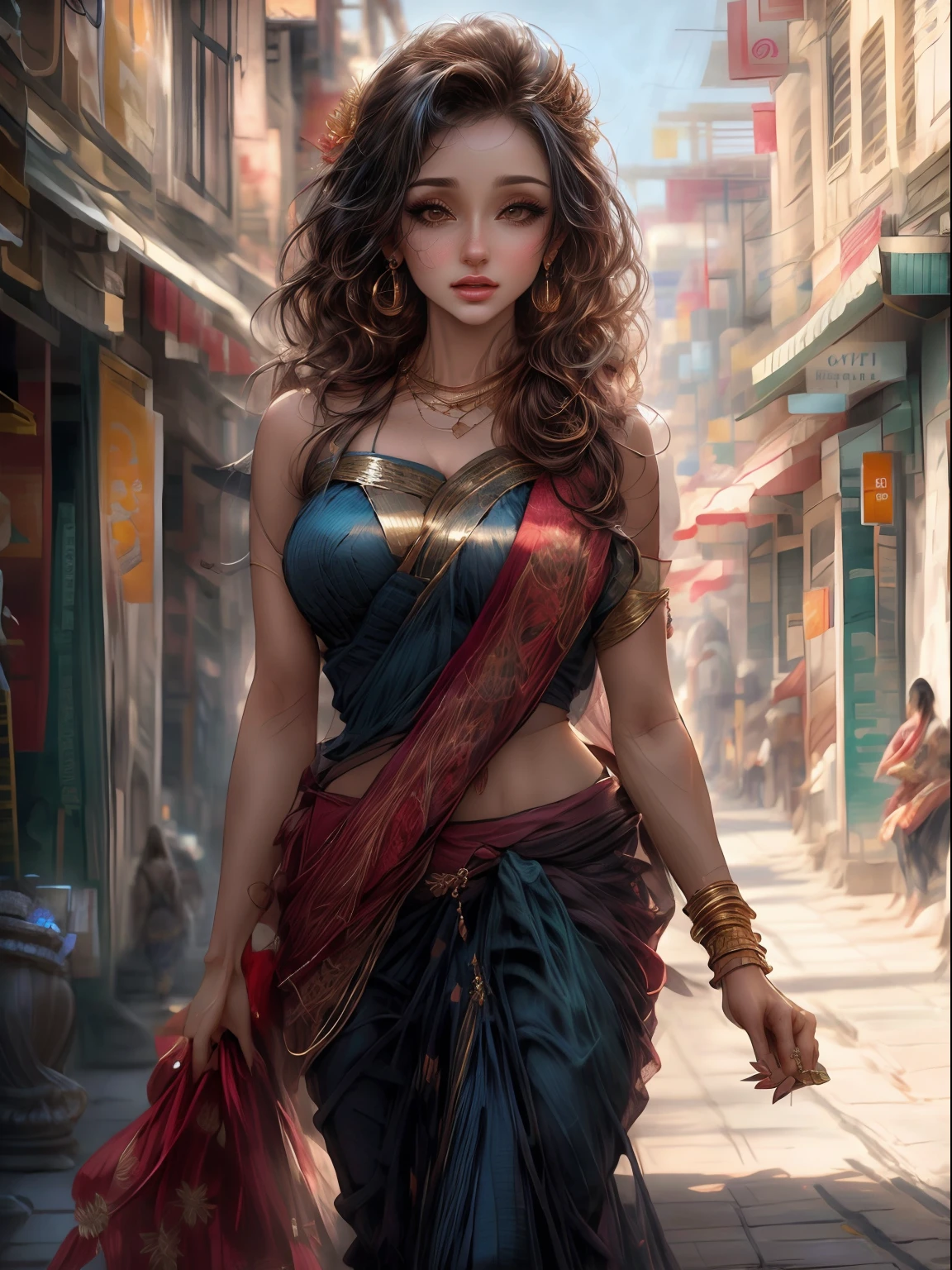 painting of a woman in a sari walking down a street, beautiful character painting, inspired by Magali Villeneuve, gorgeous woman, gorgeous digital painting, stunning digital illustration, beautiful digital artwork, stunning digital painting, beautiful digital painting, in style of artgerm, graphic artist magali villeneuve, beautiful goddess, deviantart artstation cgscosiety, greek myth digital painting