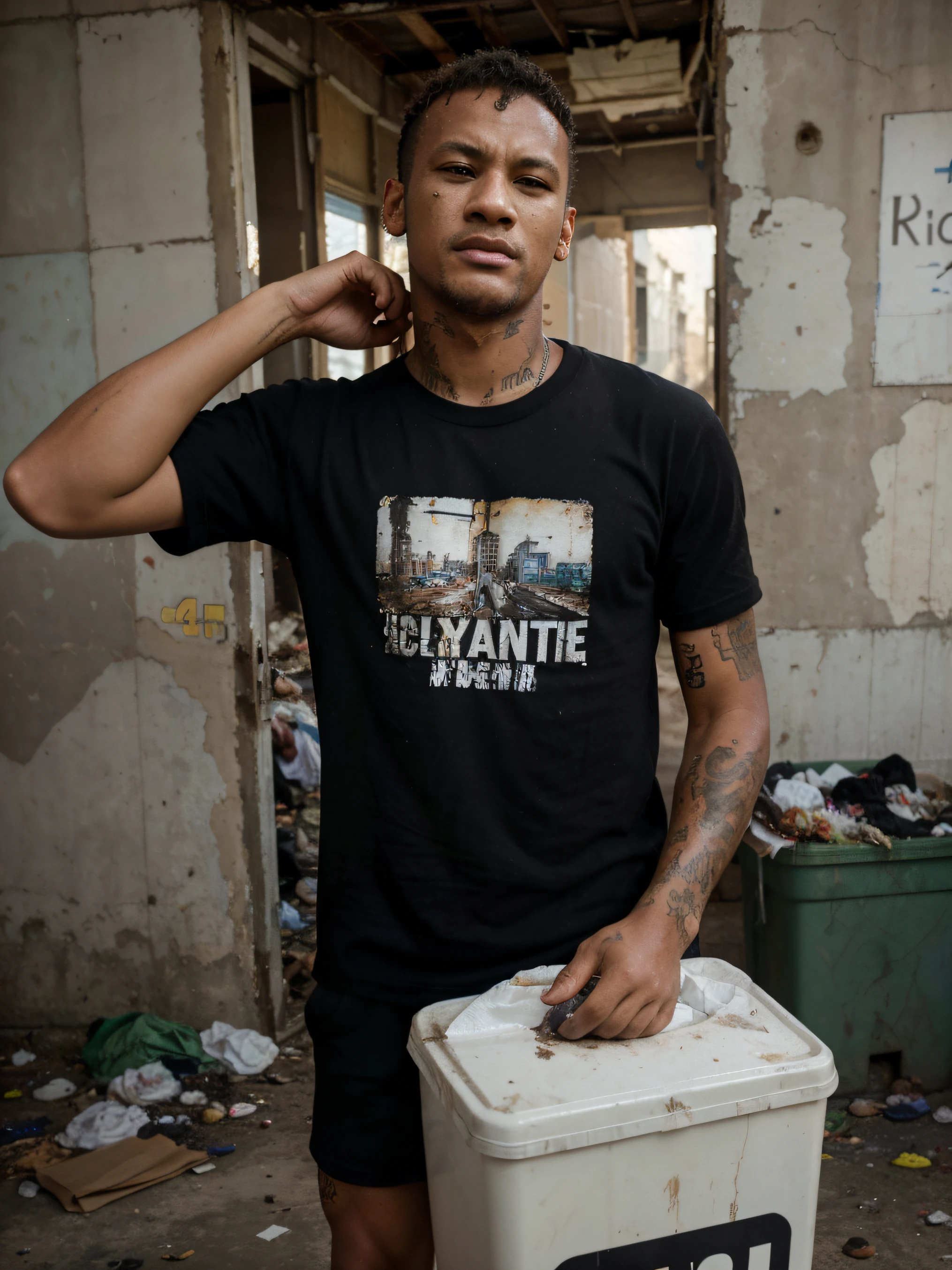 (4k,masterpiece:1.2),realistic,portrait,painting,garbage man, believable real Neymar Jr,plain black cotton t-shirt,idiottic expression,garbage,landfill,dump scene,waste,hardworking man,labor,dirty,smelly,can,wrappers,rubbish,refuse,broken furniture,foul odor,disgusting environment,disposable bags,overflowing trash cans,flies buzzing around,recession,urban decay,hard labor,physical work,dirt,grimy hands,sweat,exhaustion,smoke,debris,abandoned items,unpleasant,unhygienic,poverty,low-income job,grueling,strewn trash,filthy clothes,environmental issue