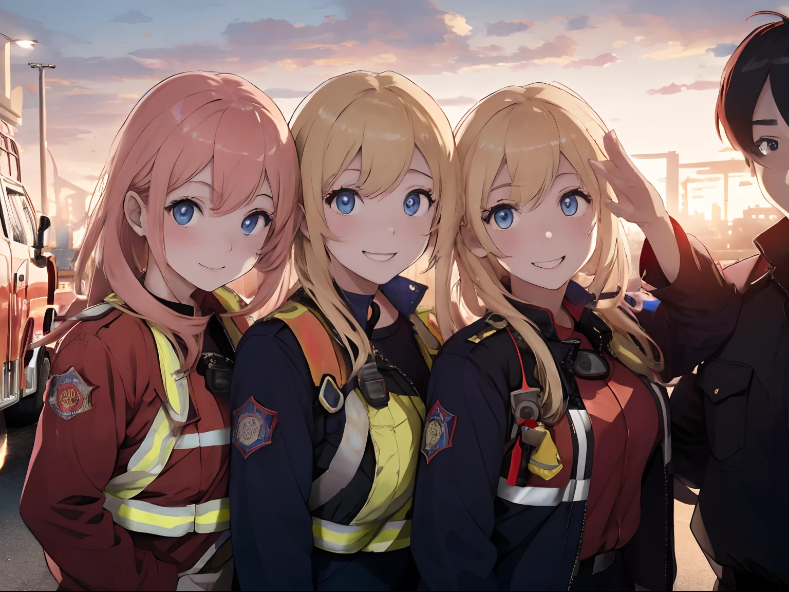 A cityscape lined with multi-tenant buildings,Fire trucks are parked in the vicinity,Dressed as a firefighter,Firefighters are around with hoses and training activities,firefighter suit,Blonde hair with peach inner color,blue eyess,Sunset sky,Pleasant face,Salute side by side with several men,Pose with everyone,Happy face with several people standing shoulder to shoulder,red tide,Smile on his face,AHE Face,A face full of pleasure,