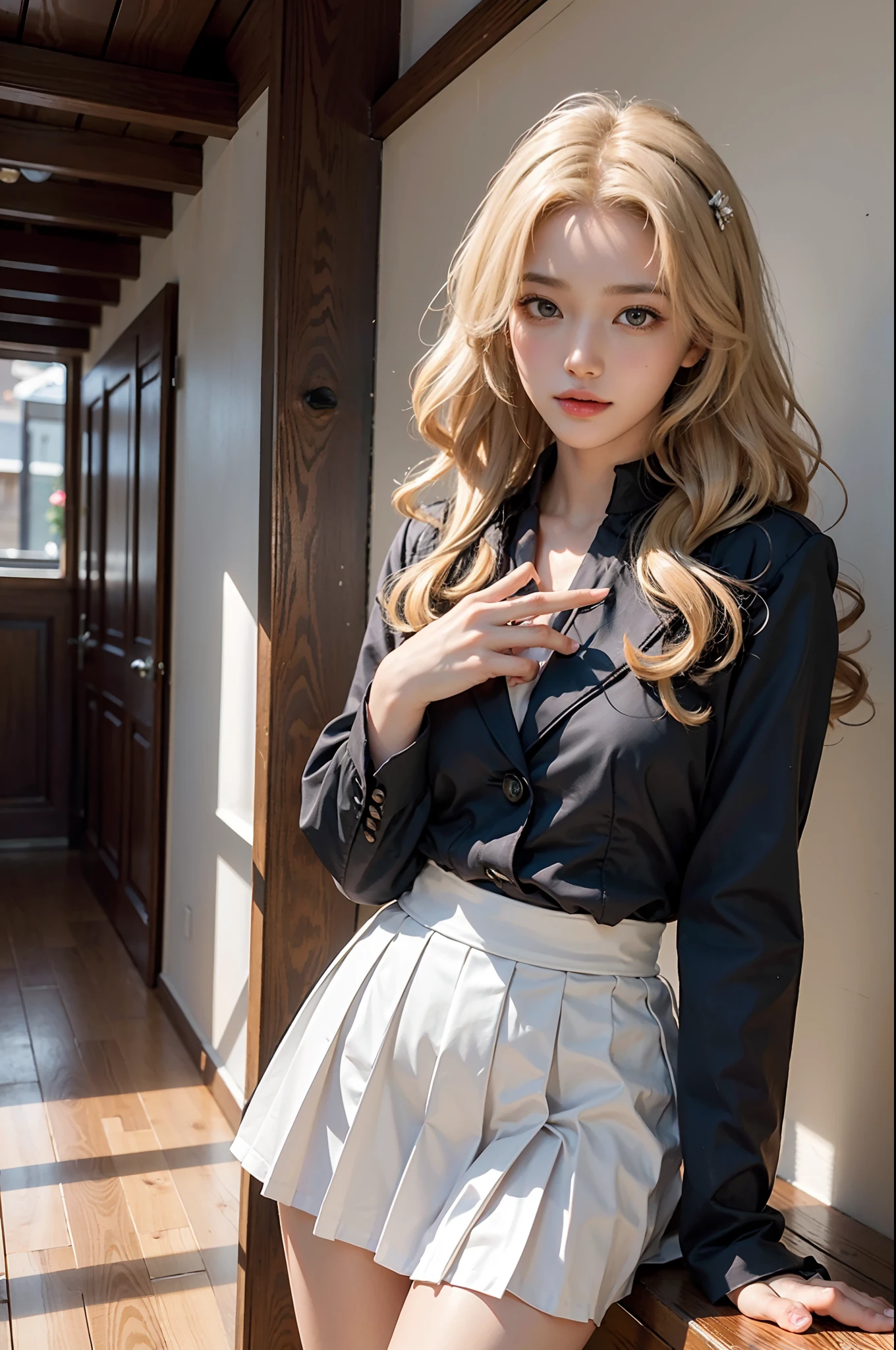 ((knee shot)), Shot from a random perspective, 22-year-old Asian model, slim, Slimming the waist, curlies, 校服, Black blazer, White pleated skirt, warm lights, Warm tones Slender legs, Cross ed leg, In the hallway, leaning against the railing, warm lights, a warm color palette, Dynamic pose, posing elegantly, blonde hair, streaked hair, hair ornament, heart-shaped pupils, makeup, light smile, shy, licking lips, Romanticism, Social realism, chiaroscuro, motion blur, anaglyph, Sony FE GM, UHD, masterpiece, textured skin, super detail, best quality