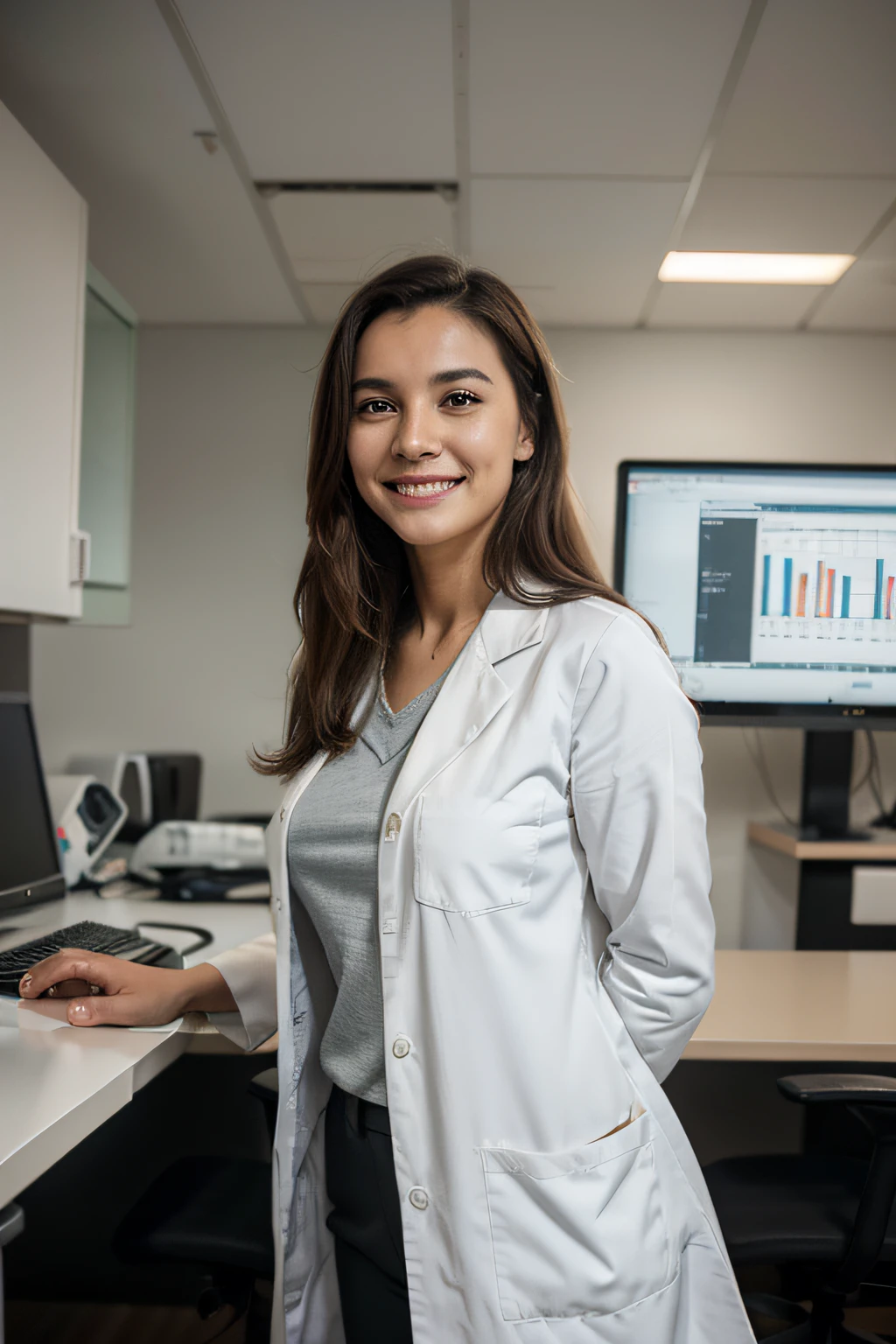 Em segundo plano, a Radiologist in a Lab Coat. She's smiling, loira. Sentada na sua mesa, em frente ao computador. In the office with bauhaus décor.