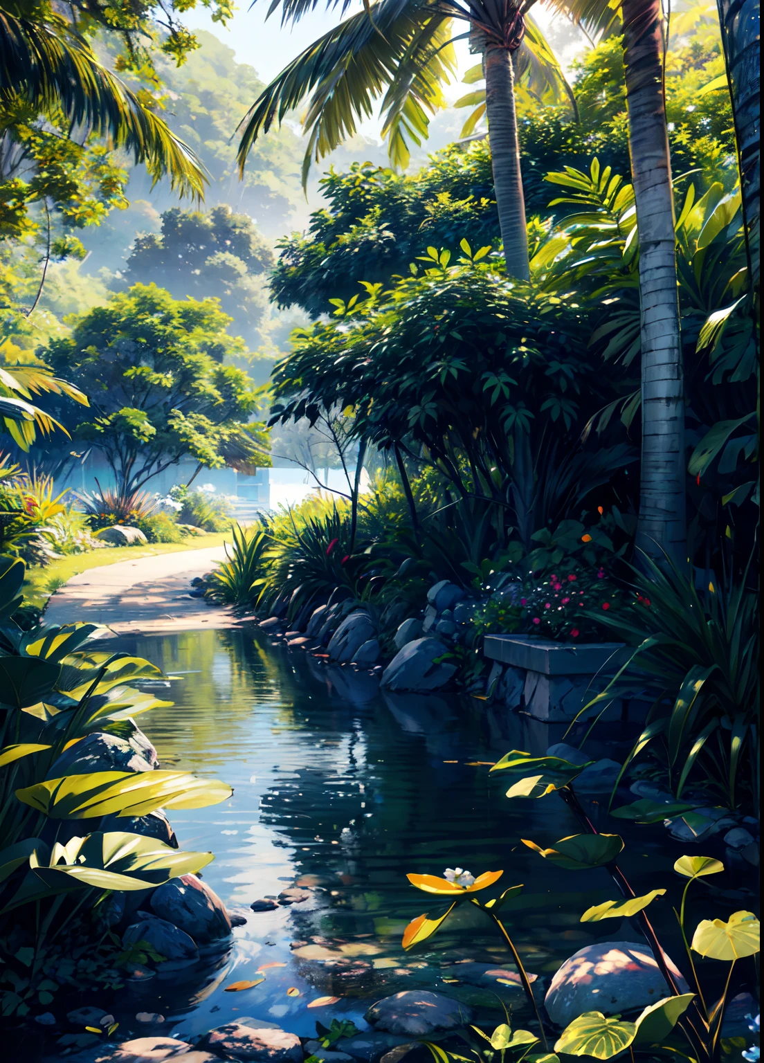 (best quality,4k,8k,highres,masterpiece:1.2),ultra-detailed,(realistic,photorealistic,photo-realistic:1.37),landscape,garden,nature,mango trees,mangoes,fresh fruits,vibrant colors,serene atmosphere,lush greenery,abundant foliage,garden path,peaceful setting,riverside view,tranquil water,mango aroma,sunlit scenery,soft sunlight filtering through the leaves,golden hour lighting,dappled shadows,rippling water,symmetrical layout,meticulously manicured lawns,tall grasses swaying in the breeze,sounds of nature,escaping to a tropical paradise,magical escape,getting lost in nature,refreshing and rejuvenating experience,warm and inviting,calm and soothing ambiance,relaxation and tranquility,natural beauty at its finest