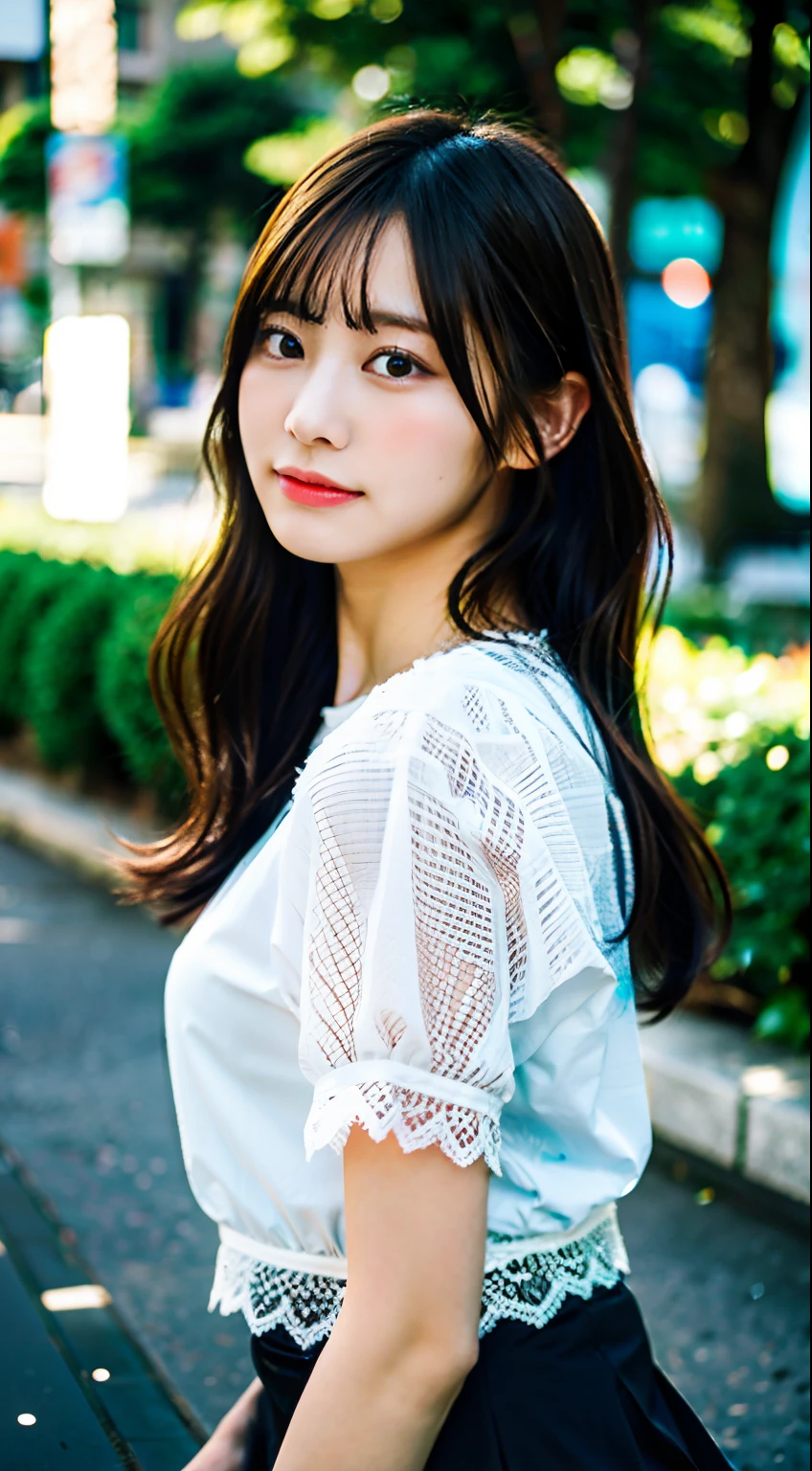 hight resolution,masutepiece,Best Quality,Extremely detailed, hyper realisitic, girl with, sitting, Put your hands on your knees, hair wavy, in town, Black lace skirt, white shirt,Avert your eyes, profile, Very beautiful,cute, 8K Wallpaper, Fine detail, Very detailed 8k wallpaper