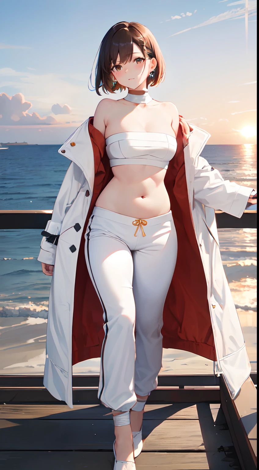 of the highest quality,16 K, masutepiece, Beautiful High School Girl,beautiful eyes of light brown, Looking at Viewer, Light Brown Medium Bob Hair, Plump breasts, Crowning open legs, Sunset Sea Shore, Orange sky, Beautiful clouds,
BREAK (White theme:1.5), (All-white costume:1.5), (long white coat:1.4), (A fusion of white strapless and white bandage:1.4), (white bandages:1.3), (distorted udder compressed with a white bandage,,,,:1.3), ((Navel, Stomach, ankle):1.3), ((White oversized pants, White baggy pants):1.4), (White pumps:1.2), (earrings:1.2),