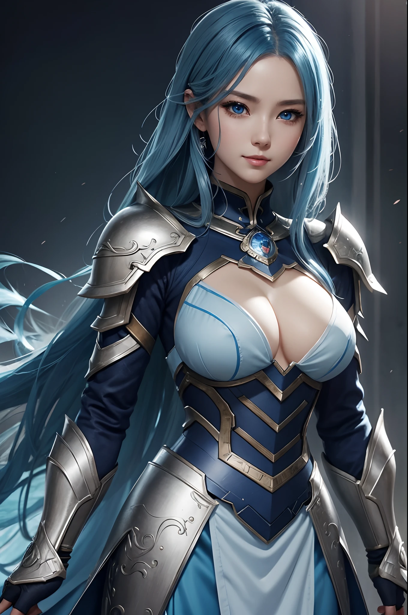 8K,Close-up of a woman in a blue and white dress、blue hairs, Super beauty,(Like the real thing)Blue eyes,Chengwei Pan on Artstation、 Yang J 作、 Detailed fantasy art、Stunning character art、 Fan Art Best Art Station、 Magnificent exquisite character art、 Beautiful armor、Highly detailed Artgerm、 Detailed Digital Animation Art、 Artgerm on ArtStation Pixiv、 Girl in Armor,dynamic ungle,超A high resolution,a smile,real looking skin,