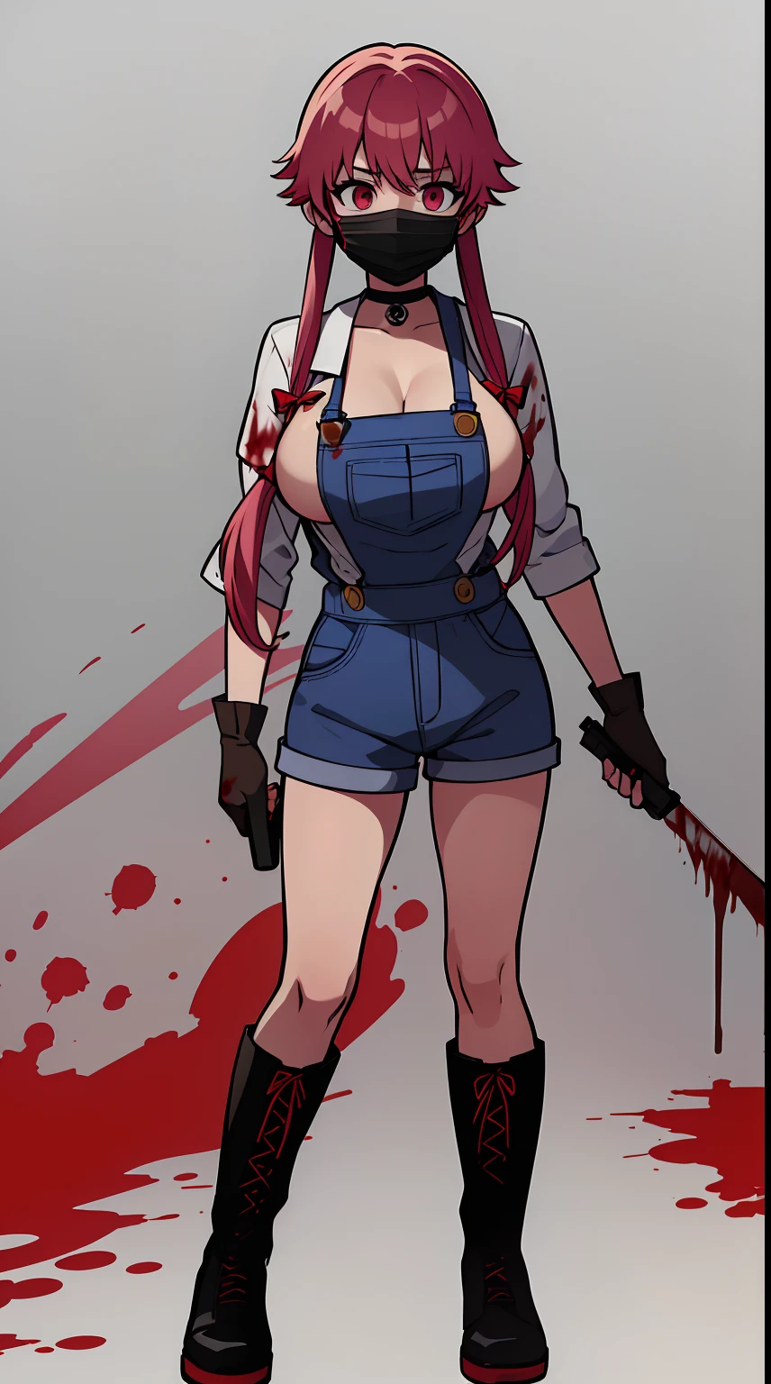 explicit, beautiful, amazing, high quality, detailed background, a woman with large breast in a woods, 1girl, breasts , , , pink hair, large breasts, twintails, long hair, solo focus, mirai nikki, black choker, dark grey overalls, leather gloves, black boots, ((face mask)), red eyes, chasing you through the woods, ((nigth)), crazy, ((crazy eyes)), ((crazy stare)) holding a bloody knife, (fanart of Gasai Yuno), (angry eyes:1.1), (perfect hands:1.5), (masterpiece), best quality, expressive eyes, VHS, ((nigth)), (Parfect Hand:1.7), 4k, 8k, 1980s, from below, (standing over you), wearing a jacket, (Blood:1.1), ((murderer)), (blood splatter:1.5), (Halloween:1.1)