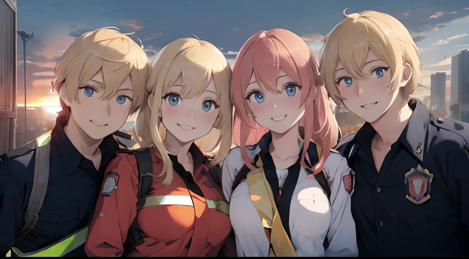 A cityscape lined with multi-tenant buildings,Fire trucks are parked in the vicinity,Dressed as a firefighter,Firefighters are around with hoses and training activities,firefighter suit,Blonde hair with peach inner color,blue eyess,Sunset sky,Pleasant face,Salute side by side with several men,Pose with everyone,Happy faces with several people standing shoulder to shoulder,red tide,Smile on his face,AHE Face,Face full of pleasure,