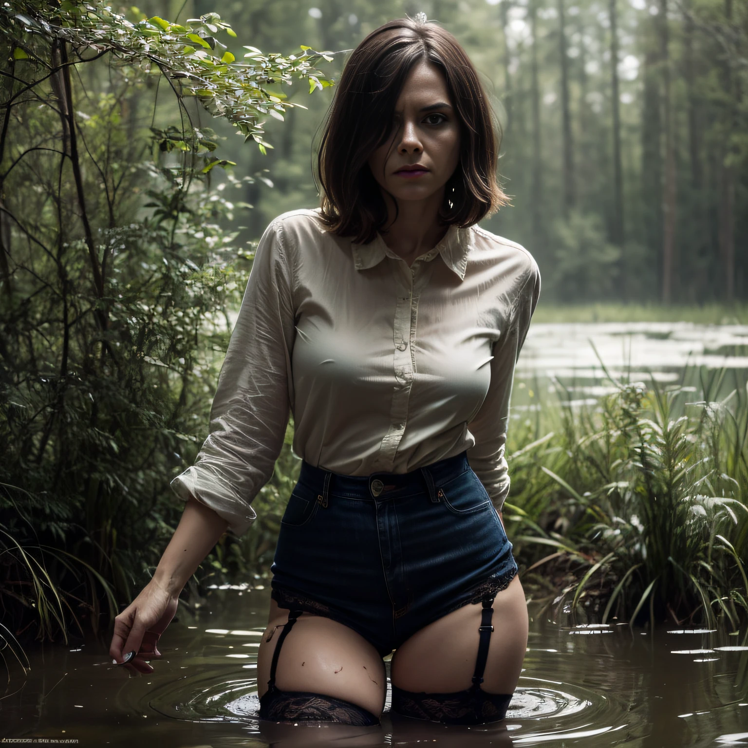 "(Best Quality,hight resolution:1.2),Used,wrinkles,Bob haircut,jeans skirt,lace blouse,(lace stockings with garters), standingn, (drowning in a swamp:1.2),long eyelashes,expression of despair,Dark and moody lighting, terror. The pose expresses panic and awkwardness"
