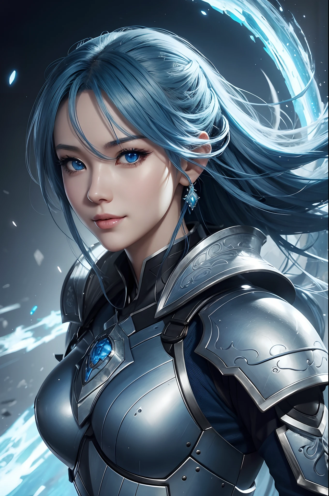 8K,Close-up of a woman in a blue and white dress、blue hairs, Super beauty,(Like the real thing)Blue eyes,Chengwei Pan on Artstation、 Yang J 作、 Detailed fantasy art、Stunning character art、 Fan Art Best Art Station、 Magnificent exquisite character art、 Beautiful armor、Highly detailed Artgerm、 Detailed Digital Animation Art、 Artgerm on ArtStation Pixiv、 Girl in Armor,dynamic ungle,超A high resolution,a smile,real looking skin,