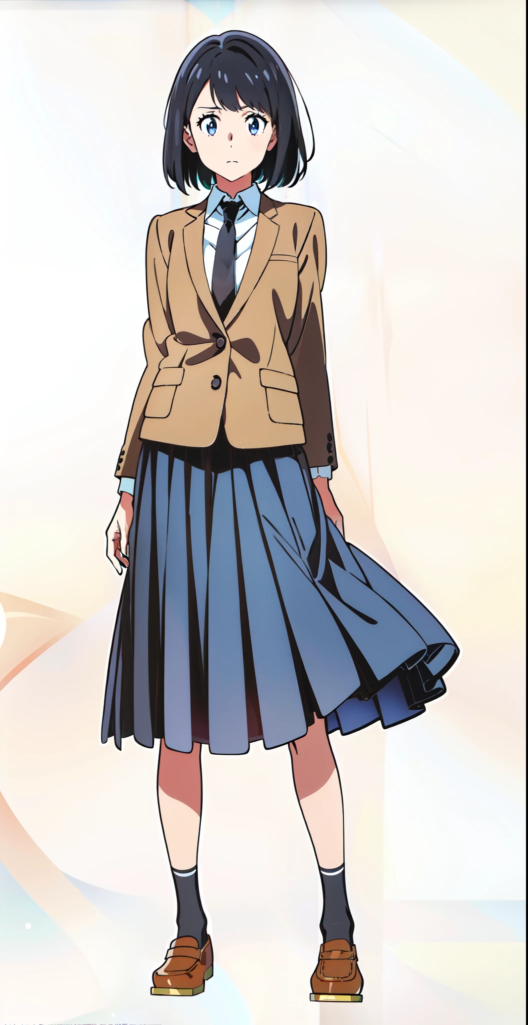 (black skirt:1.6), (anime:1.5), (official art:1.5), (white background:1.0), (best quality:1.0), (masterpiece:1.0), (full body:1.0), (solo:1.0), (a 18yo cute girl:1.0), (long skirt:1.0), (dark blue skirt:1.0), (pleated skirt:1.0), (school uniform beige blazer:1.0), (dark blue necktie:1.0), (black socks:1.0), (loafers:1.0), (ideal ratio body proportions:1.0), (lanky:1.0), (tall:1.0), (slender:1.0), (small breasts:1.0), (smaller face:1.0), (tareme:1.1), (detailed beautiful eyes:1.0), (detailed beautiful face:1.0), (glowing black eyes:1.0), (bob cut hair:1.0), (black hair:1.0)