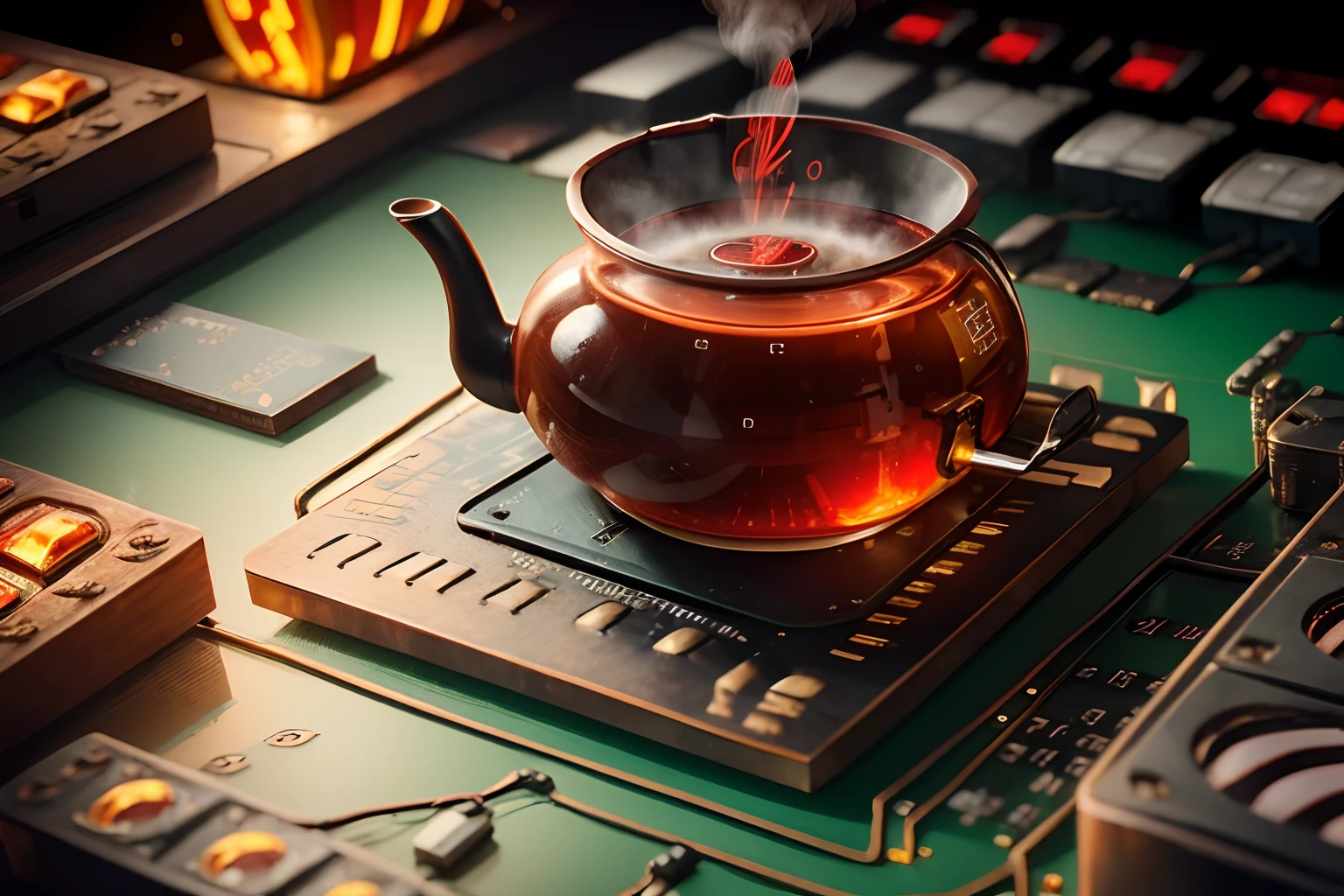 steaming red tea on (circuit board:1.6), best quality, 32K
