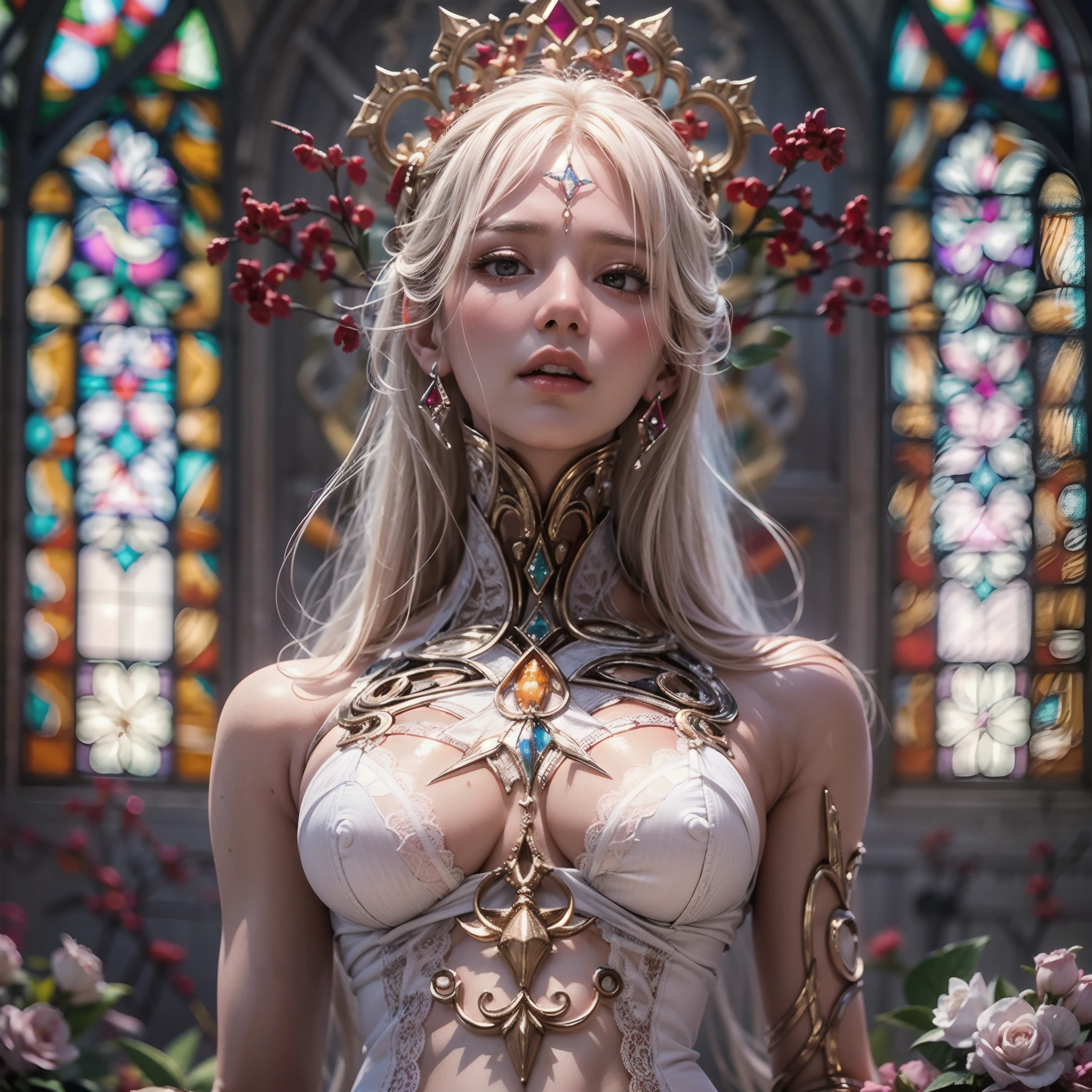 { wide-angle | FullBody:1.2 | Dynamic-angle | Ass focus }, (Whole Body proportions and all limbs are expressed in anatomical precision),(((masutepiece:1.25))), 8K highres, { Physically-based rendering | White and Vivid colors | Zoom Layer }, { (((Photorealistic:1.37)))| (F/4.0, canon) }, (Detailed glistening skin), Detailed face and eyes, { ((Beautiful bride goddess))|(Brilliant Red shiny Ruby accessories) | earrings | Ruby ring | Delicate white lace knitted see-through wedding dresses | Flowers | Floating hair| Random hair color | Blonde hair }, { (Mystical sight) | God rays |((colorful Light shines through stained glass:1.2)) }, { Gigantic Cleavage:1.37 | Overflowing | Biomechanical HUGE and HEAVY boob | Underboob |(Navel)| Bleeding from pussy | Dripping blood from crotch | (Blood stained crotch) | Menses | Ass focus }, { (Praying) | (Delicate and feminine hands expressed in anatomical precision) | White elbow_gloves | no Dutch angle }, (((no extra limbs)))