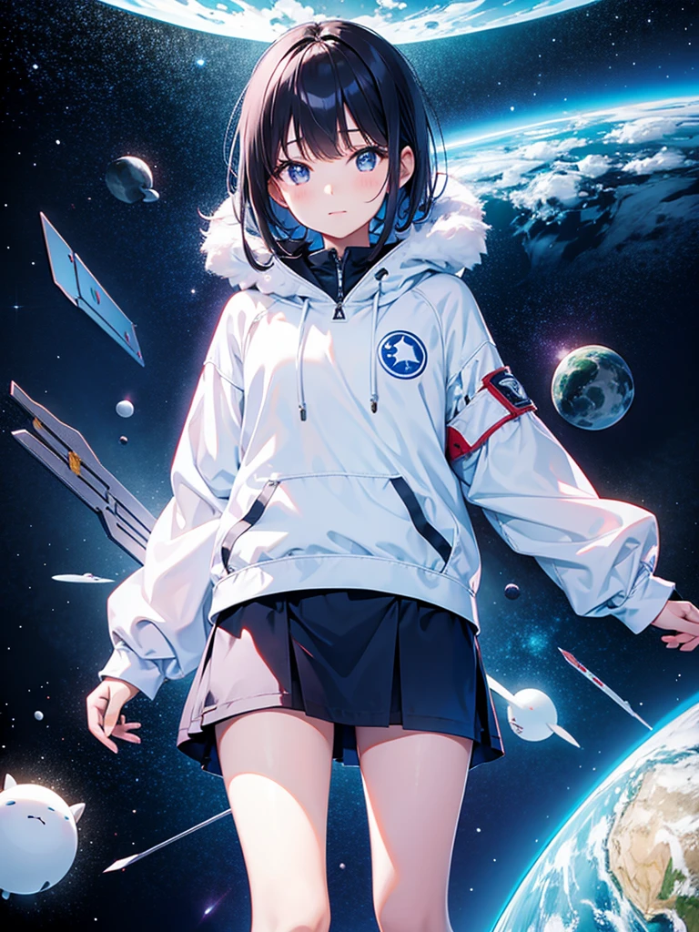 Asian girl in alien planetary space between Polar Star and Big Dipper