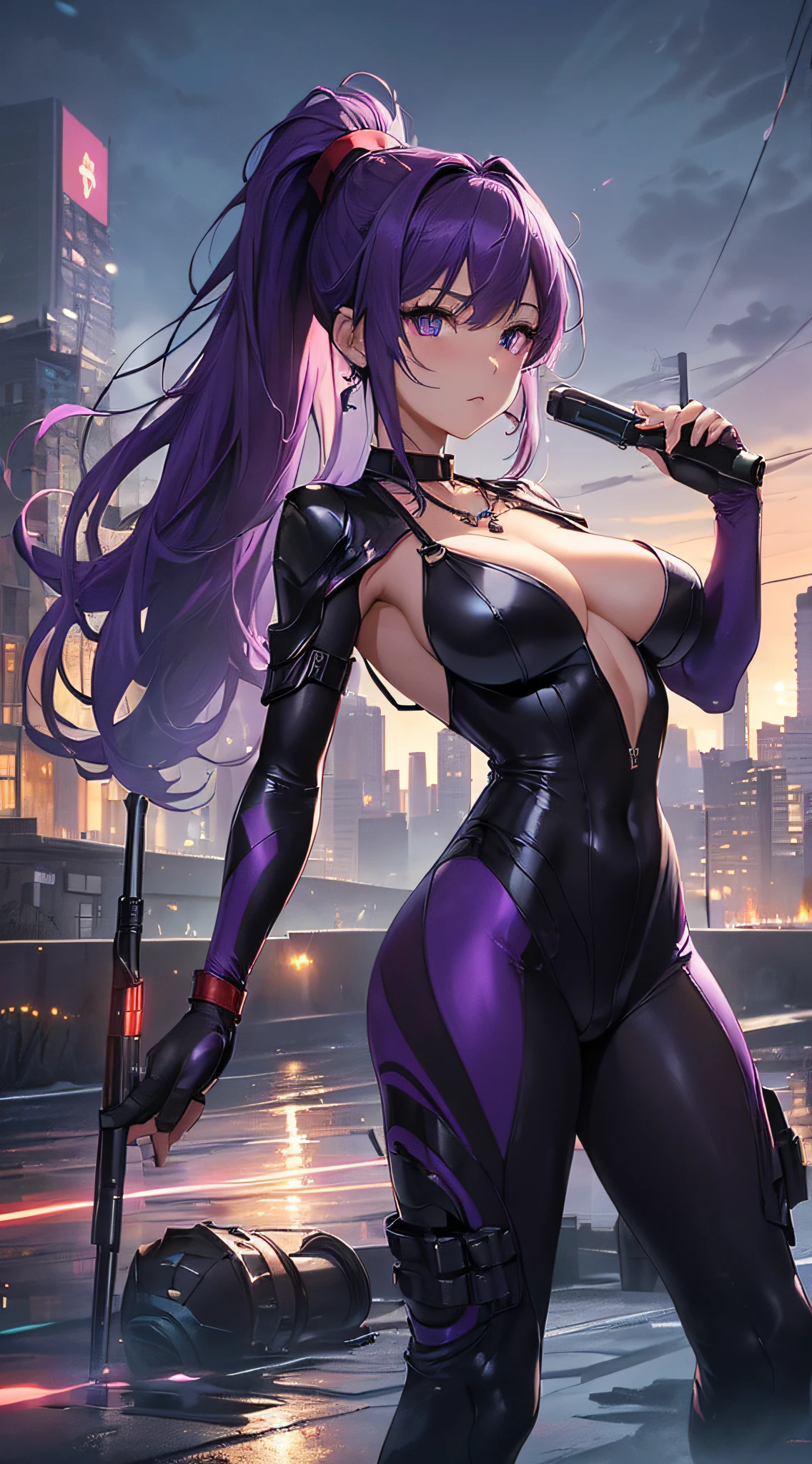 top-quality、Top image quality、masterpiece、girl with((18year old、Best Bust、big bast,Beautiful purple eyes、Breasts wide open, Purple ponytail、A slender、Large valleys、Purple Open Chest Biker Suit,Red high heels、Reflecting the whole body、Purple Necklace、Red face、Slippery texture、head phone,Holding the stun rod in your hand))hiquality、Beautiful Art、Background with((A city that shines at night)))、Depth((Mass Flying Drones)),masutepiece、visualart、depth of fields、
