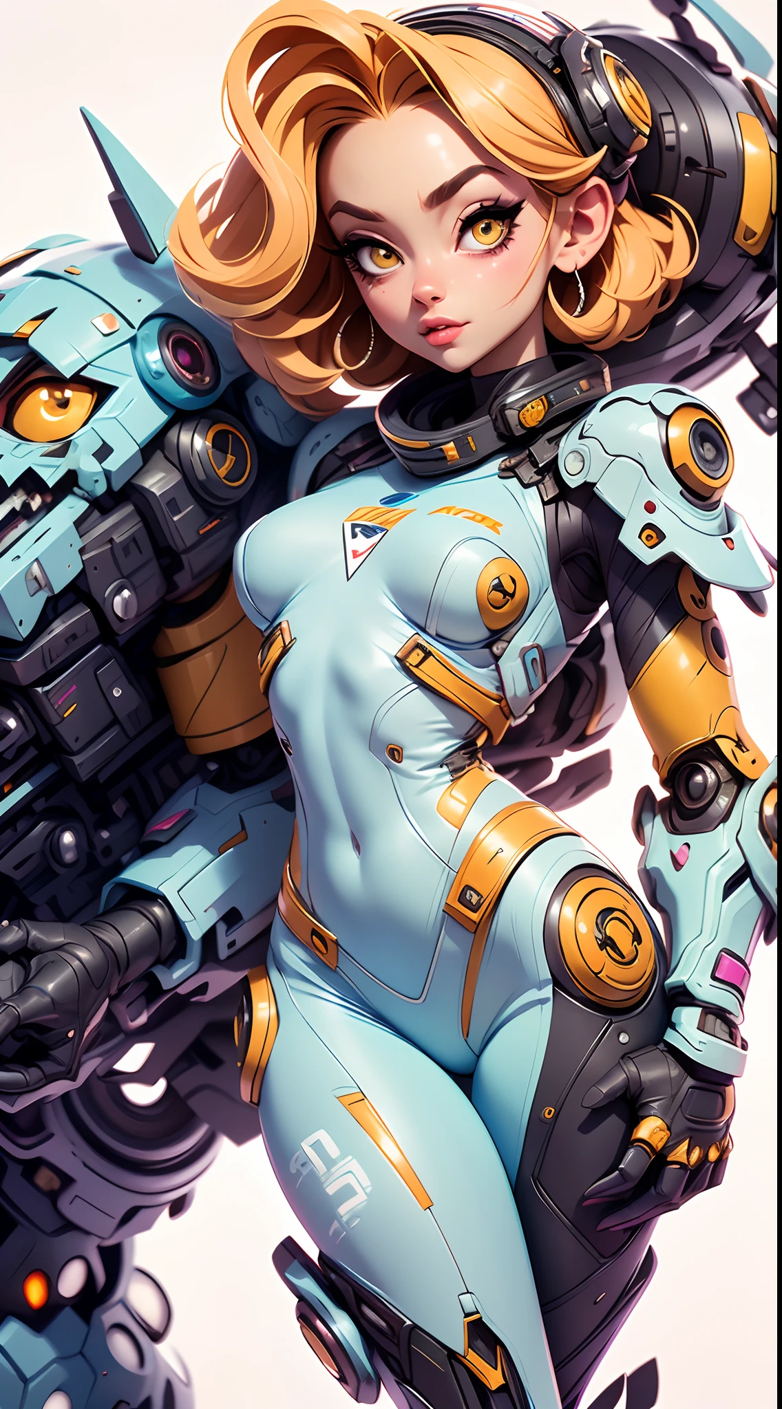 A fantz monster design, Cute robots in space [style-rustmagic]，female robot，Half-human, tmasterpiece， （tmasterpiece， top-quality， best qualityer）， 1girl， 独奏， tightsuit， nedium breasts， long whitr hair， white backgrounid， ssmile， simplebackground， mediuml breasts， shelmet， looking at viewert， skin tight， sitted， cparted lips， blue skinsuit， the motorcycle， Black gloves， mitts