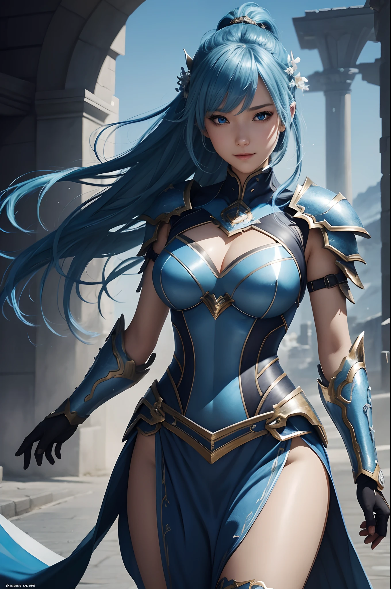 8K,Close-up of a woman in a blue and white dress、blue hairs, Super beauty,(Like the real thing)Blue eyes,poneyTail,Chengwei Pan on Artstation、 Yang J 作、 Detailed fantasy art、Stunning character art、 Fan Art Best Art Station、 Magnificent exquisite character art、 Beautiful armor、Highly detailed Artgerm、 Detailed Digital Animation Art、 Artgerm on ArtStation Pixiv、 Girl in Armor,dynamic ungle,超A high resolution,a smile,real looking skin,enticing,A sexy,Active,