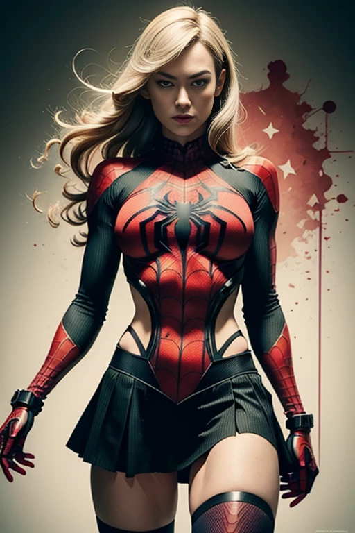 Yvonne Strahovski、Sticking out the navel、newyork、She wears a torn Spider-Man suit,wearing skirt、 Red and black color scheme,Dynamic、masterpiece、top-quality、ultra-detailliert、ighly detailed、beautiful detailed brilliance、超A high resolution