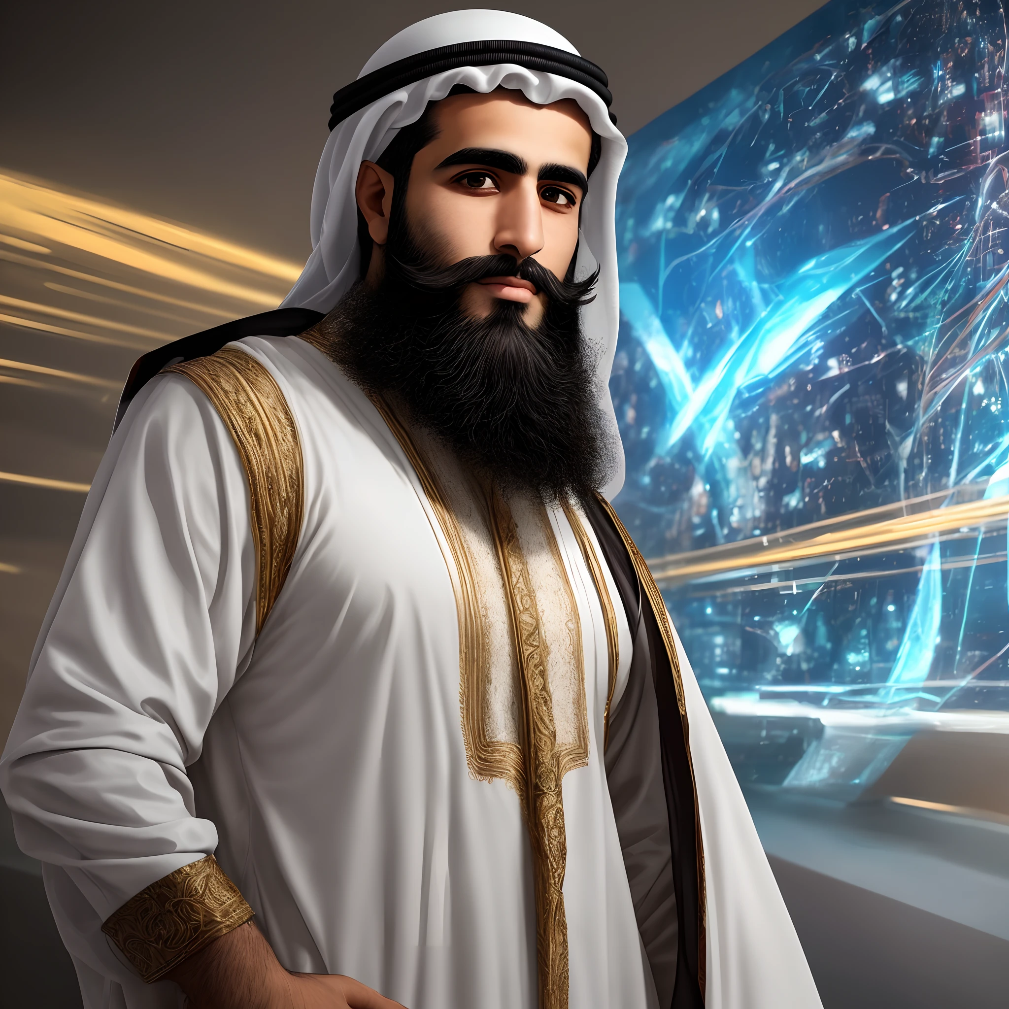 Arab man With beard and Futuristic background realistic face 8k ultra high quality hd