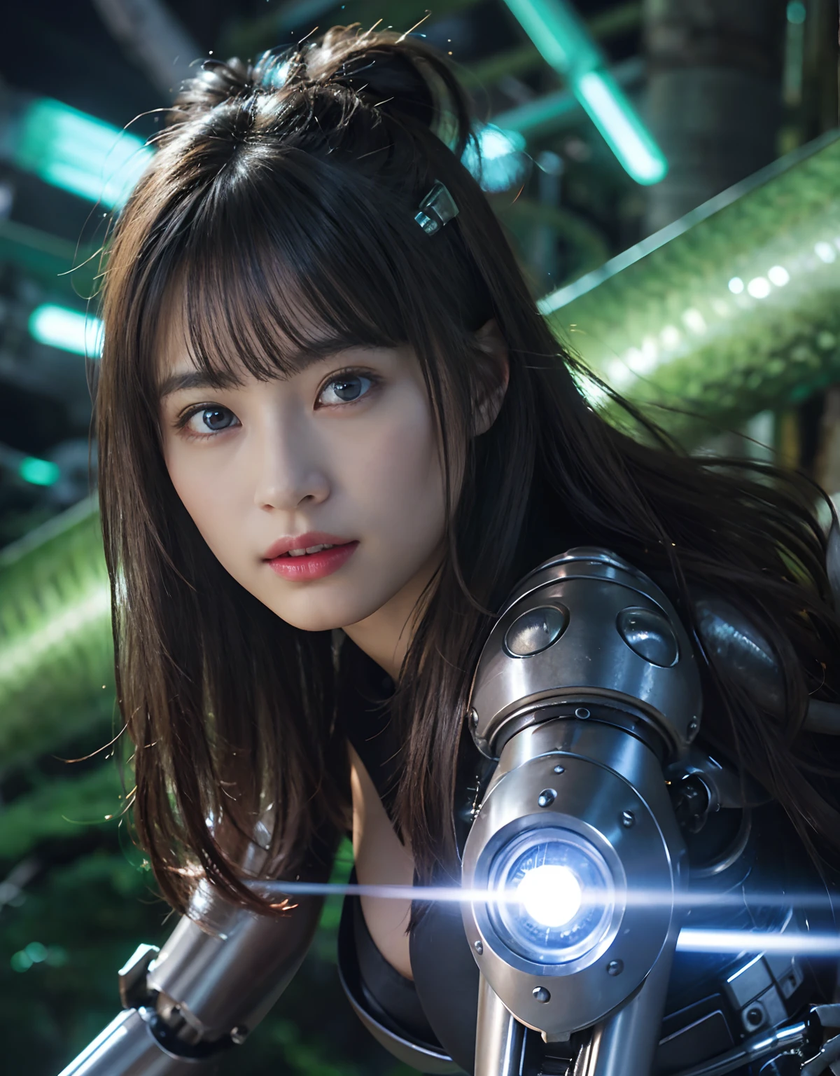 (1 Mechanical Girl)、top-quality、​masterpiece、超A high resolution、(Photorealsitic:1.4)、Raw photo、女の子1人、Fight mutants、glowy skin、(((1 Mechanical Girl)))、With a beautiful knife、（Red Metal Bodysuit）、(Fight goblings、ogre、Fierce battle with orcs),（Fight fiercely against aliens）、Fight fiercely、(beautiful forest background)、(Fighting Demonic Beasts)、(Small LED)、((super realistic details))、portlate、(Strong giant demon beast background),globalillumination、Shadow、octan render、8K、ultrasharp、Colossal tits、Raw skin is exposed in cleavage、metals、Details of complex ornaments、Japan details、highly intricate detail、Realistic light、(Mystical expression),CGSoation Trends、Blue eyes、radiant eyes、Facing the camera、neon details、(Mechanical limbs)、(blood vessels connected to tubes)、(Wires and cables connecting to the head)、Small LED、,Mechanical thighs、Toostock、（Hands are also made of machines）、（Attack of the Monster Beasts）、