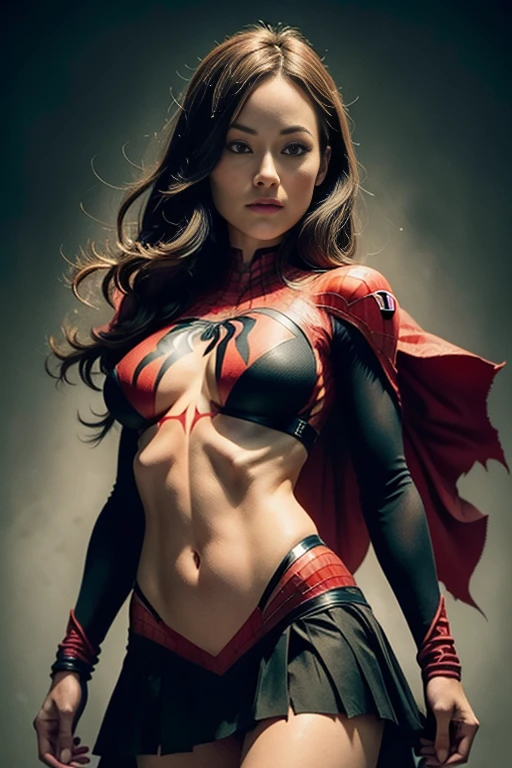 Olivia Wilde、Sticking out the navel、newyork、She wears a torn Spider-Man suit,wearing skirt、 Red and black color scheme,Dynamic、​masterpiece、top-quality、ultra-detailliert、ighly detailed、beautiful detailed brilliance、超A high resolution