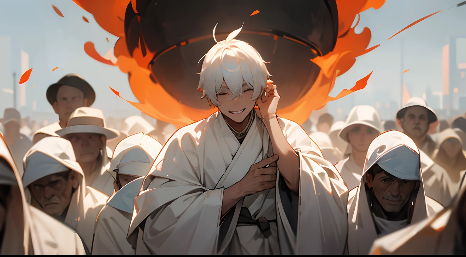 Burning🔥 🔥 🔥🔥🔥 ，A crowd of eyeless people watched，Hands up，The man was dressed in white，The smile is weird