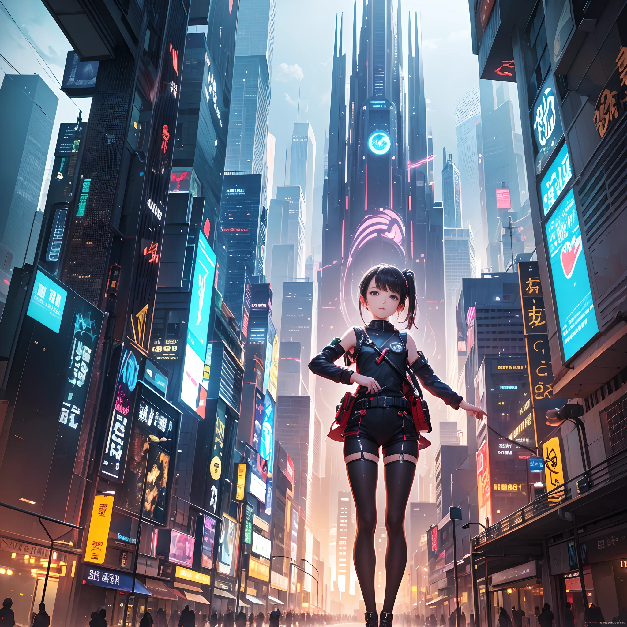 ​masterpiece,Top image quality,hight resolution,imagem 4k,Fantastic worldview,A city scape,The Cyber World of the Near Future,独奏,Little girl,