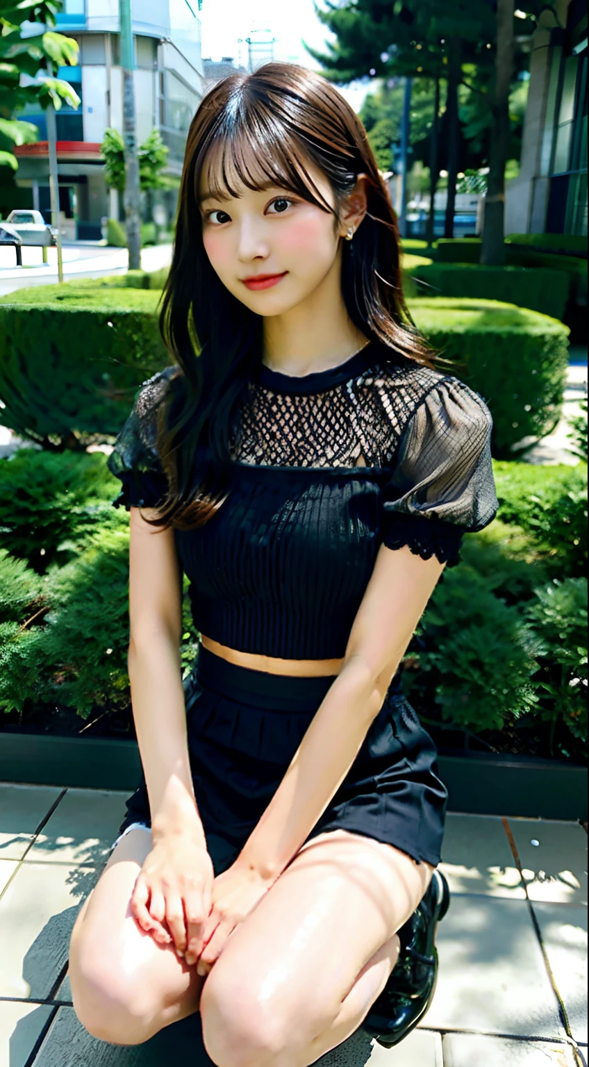 hight resolution,masutepiece,Best Quality,Extremely detailed, hyper realisitic, girl with, sitting, Put your hands on your knees, hair wavy, in town, Black lace mini skirt, black shoes, white shirt, Very beautiful,cute, 8K Wallpaper, Fine detail, Very detailed 8k wallpaper