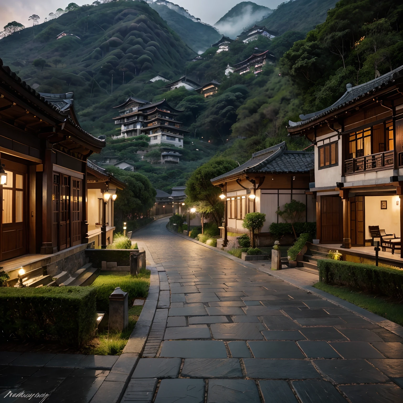 best quality,4k,8k,highres,masterpiece:1.2,ultra-detailed,realistic,misty traditional Chinese cityscape with Chinese style,asphalt-paved streets and cobblestones,traditional Chinese houses nestled in a valley of lush green medium hills, misty atmosphere,traditional chinese tample in top of a hill, South American Atlantic rainforest, vibrant colors, soft natural lighting