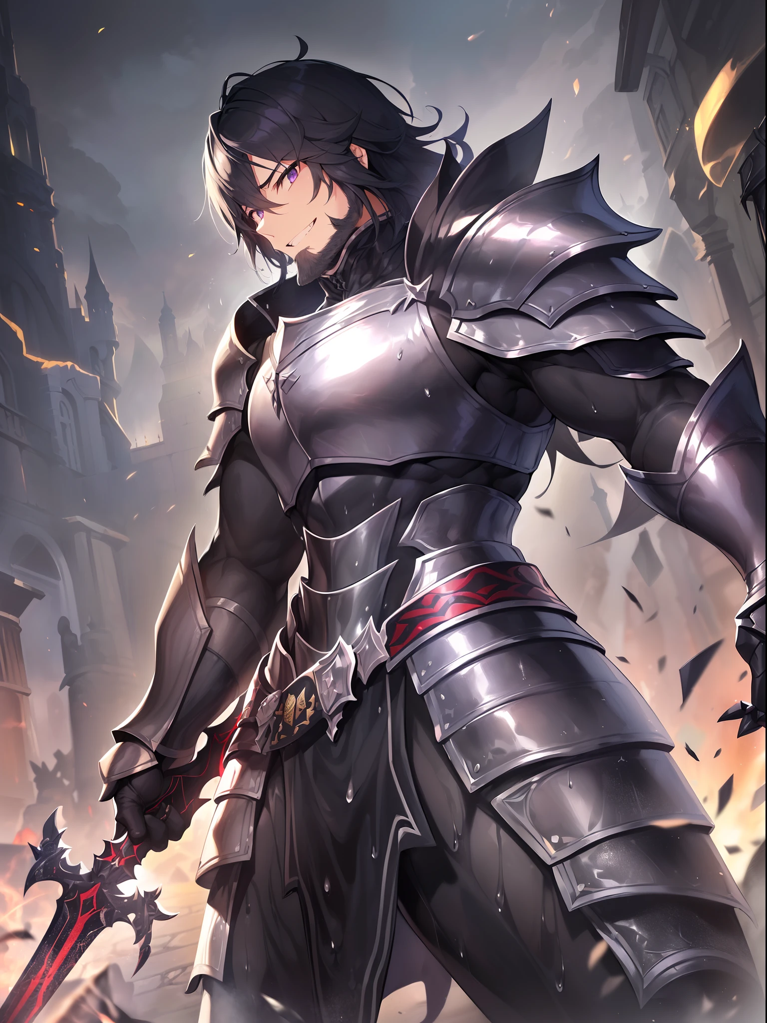 Outrageous resolution、masutepiece++,top-quality++,ultra-defined++, ultra-defined++,4K++,8K++,(Background Focus)++, Highly detailed, Viewer's Perspective、((Knights of the Empire))++、((1The Old Knight of Man))++, ((Full-body luxurious black armor)), ((((Full-body luxurious black armor))))++++,(An old knight in battle readiness)、(((Muscular knight grandfather)))+++,(((Black Great Sword)))++++, (((Black Great Sword)))++++, ((Ferocious smile))+ +,((Muscle Mukimuki) ++,((A muscular old knight))++,(Combat stance) +,(Sharp eyes)、((Long black Kaiser beard))++(A dark-haired)、(Shorthair)、(Shorthair)、(Purple eyes)、(Super shiny hair and skin), (Sunlight),((Beautiful)), +, A lively smile, Perfect eyes, Perfect hands, Perfect nose, Magic Battle Dark, Bright atmosphere, (wet effect) +, (light effect), (Cinematic Light) + , (Like a movie of light) +