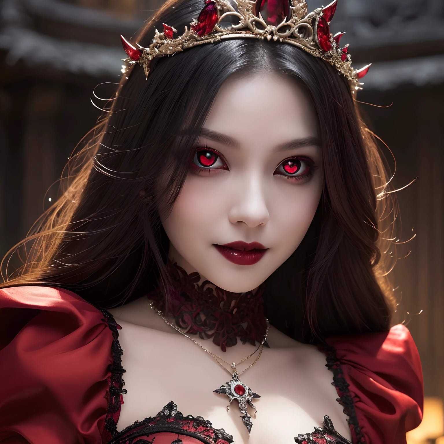 (Glowing red eyes:1.5),(Her glowing red eyes:1.5),(Fiery red glowing eyes:1.2),(Bright red eyes:1.2),(Her eyes glow red:1.5),((masutepiece、top-quality、Award-Winning Works、Highly detailed and elaborate textures、The most complex and detailed textures、Super High Detail))、Vampire Princess、((Bloody face、Blood flows from the mouth、Bloody skin、There is a lot of blood on it))、Unimaginably creepiness、((pregnant、Bulging belly、sharp canines、Large canines、Licking blood、Large teeth、Bleeding mouth))、The background is an eerie medieval European castle、((You can see the red full moon、Bright red full moon))、A bat is flying in the sky、((Take photos from the waist up))、Half Japan and half Spanish、Wicked and creepy makeup、((Blood dripping from the mouth、Bloodthirsty smile))、The most intricate vampire details、Recreate the perfect vampire details、Beautiful and creepy face、face perfect、Very intricate and luxurious gothic dress、Intricate and luxurious tiaras and necklaces、8K、large full breasts、very intricate、ultra-detailliert、waved hair