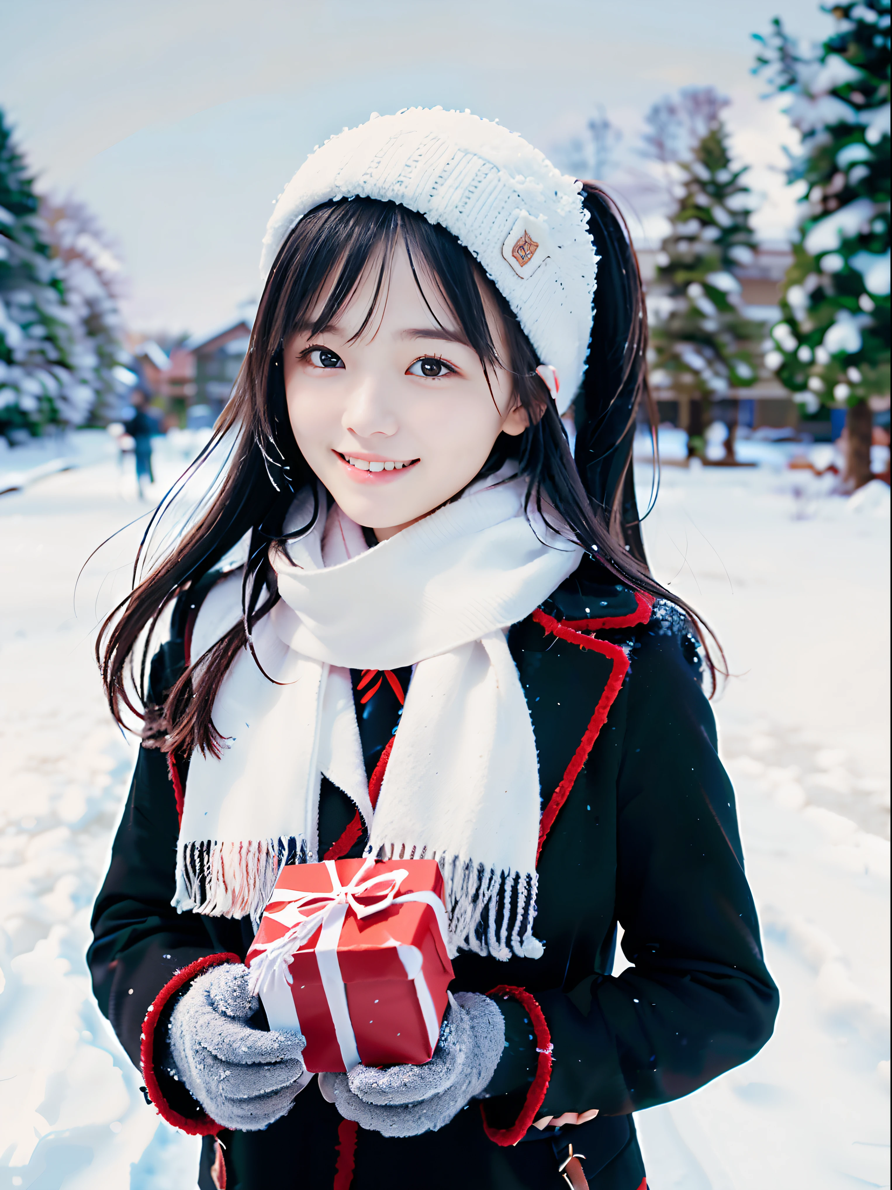 (A close-up of one slender small breasts girl and two side up hair  in a winter uniform and scarf coat:1.5)、(One girl with a shy smile、Holding a gift box with gloves in hand:1.5)、(Snowy winter school field:1.5)、(Perfect Anatomy:1.3)、(No mask:1.3)、(complete fingers:1.3)、Photorealistic、Photography、masutepiece、top-quality、High resolution, delicate and pretty、face perfect、Beautiful detailed eyes、Fair skin、Real Human Skin、pores、((thin legs))、(Dark hair)