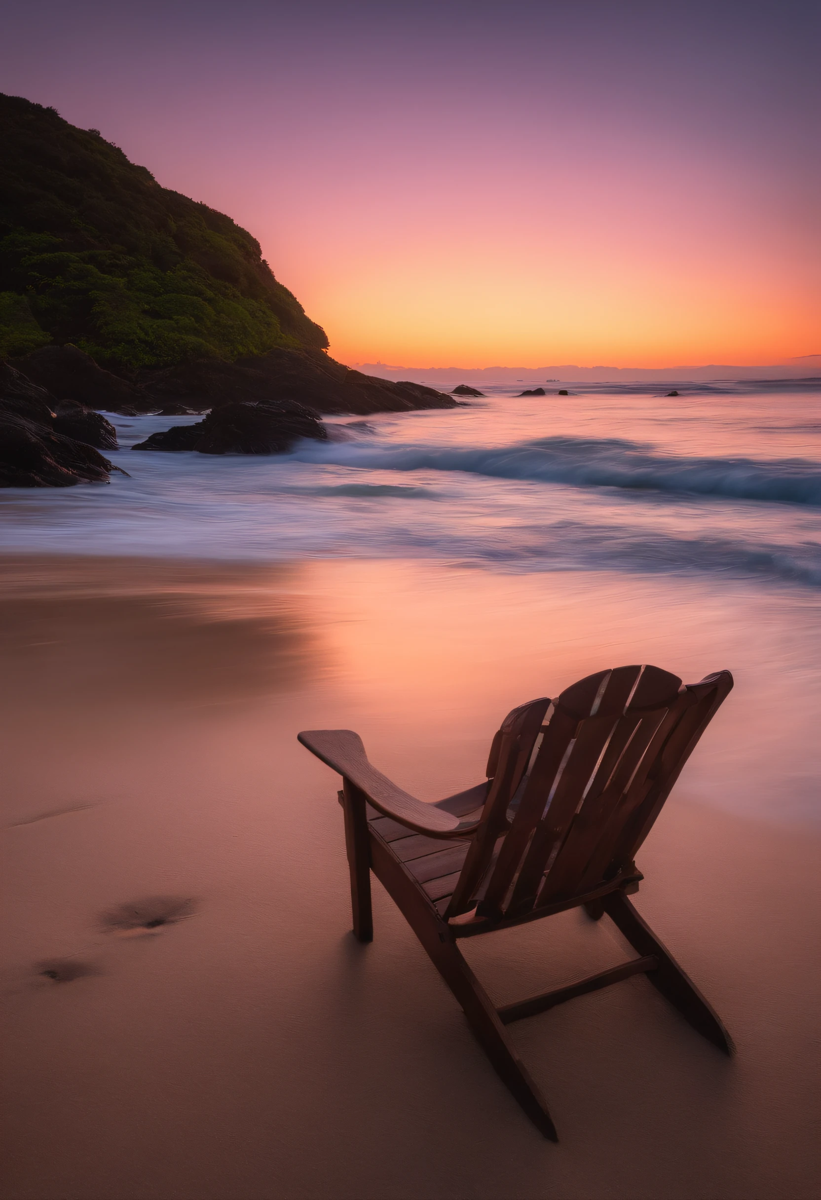 A imagem captura uma cena ao entardecer em uma praia isolada. The sky is painted with soft shades of pink, orange and violet as the sun slowly sets over the horizon. The water of the sea reflects the colors of the sky, creating a liquid mirror that stretches as far as the eye can see.
Na areia, near water, There are some shells and smooth stones that have been washed away by the gentle waves. Uma rede de pescador descansa em uma pequena pilha ao lado de uma cadeira de praia vazia. The chair is made of light wood and an airy white sheet rests on the seat. not far away, A book is open with a page turned by the wind, suggesting that someone was reading there.
As the soft twilight light bathes the scene, A fishing net on the bottom sways slightly in the sea breeze. There are no crowds, noises or distractions, apenas a serenidade da natureza em seu estado mais puro. A imagem emana tranquilidade, inviting the observer to get lost in the simple and peaceful beauty of the landscape. It is a reminder of the beauty of stillness and harmony that nature can offer.