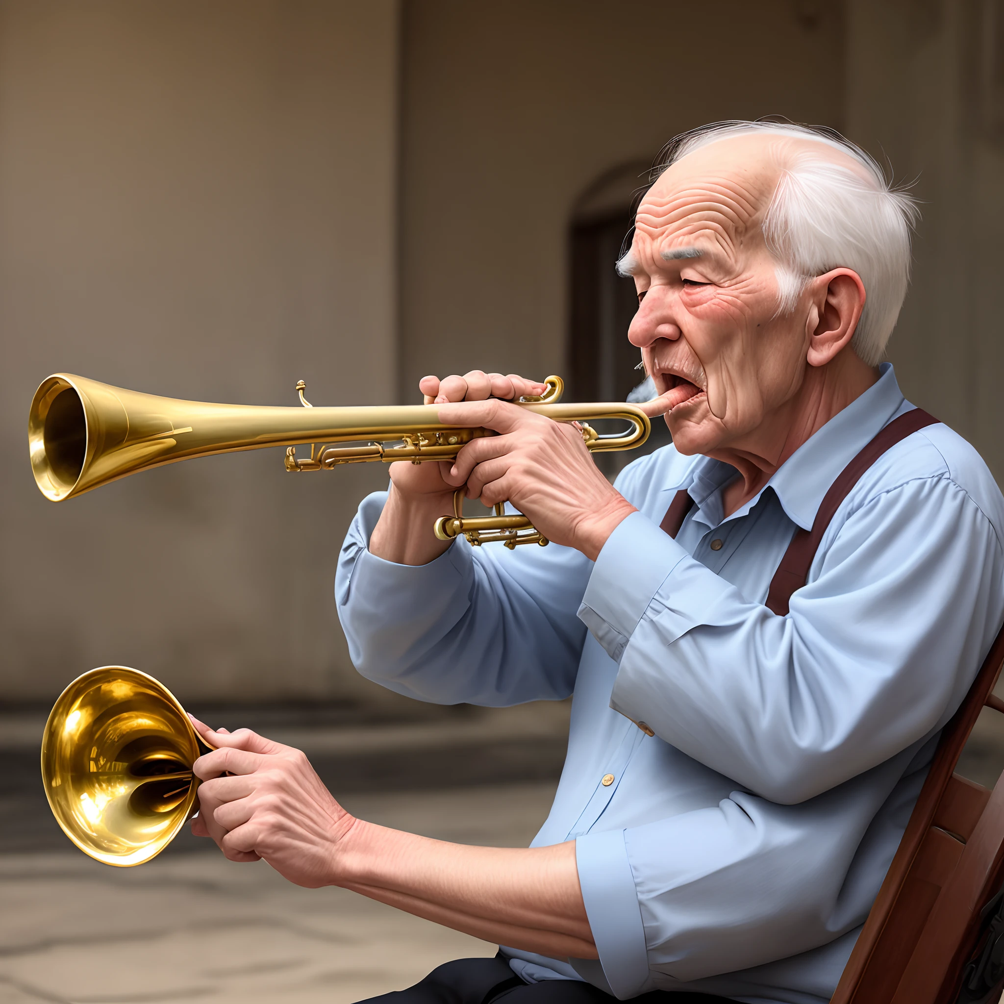Old man blowing a trumpet
