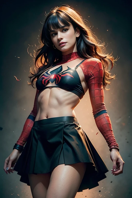 "Evangeline Lilly, showing her belly button, In New York, wearing a torn spiderman suit, Wearing a skirt, abstract photorealistic, artistic, Alphonse Mucha'Masterpieces of painting, Best Quality, High resolution:1.4), Detailed, Intricate details, 4K, color splashes, line-drawing, Fibonacci, hight resolution, Vibrant colors, with fantasy background, Female features'Flowing hair and dramatic light rays.."