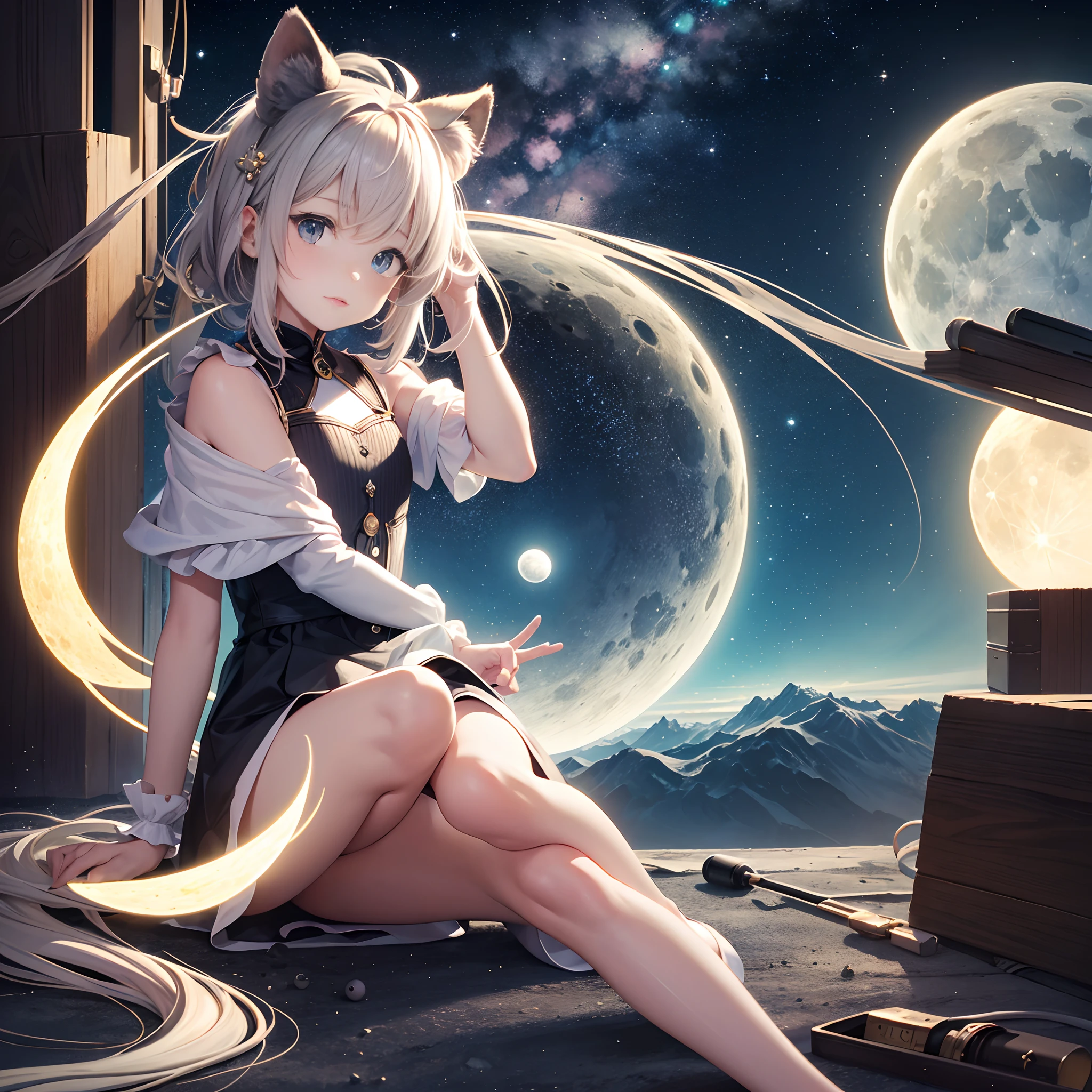 masterpiece,Top image quality,hight resolution,imagem 4k,Fantastic worldview,kosmos,Lunar surface,a moon,独奏,Little girl,