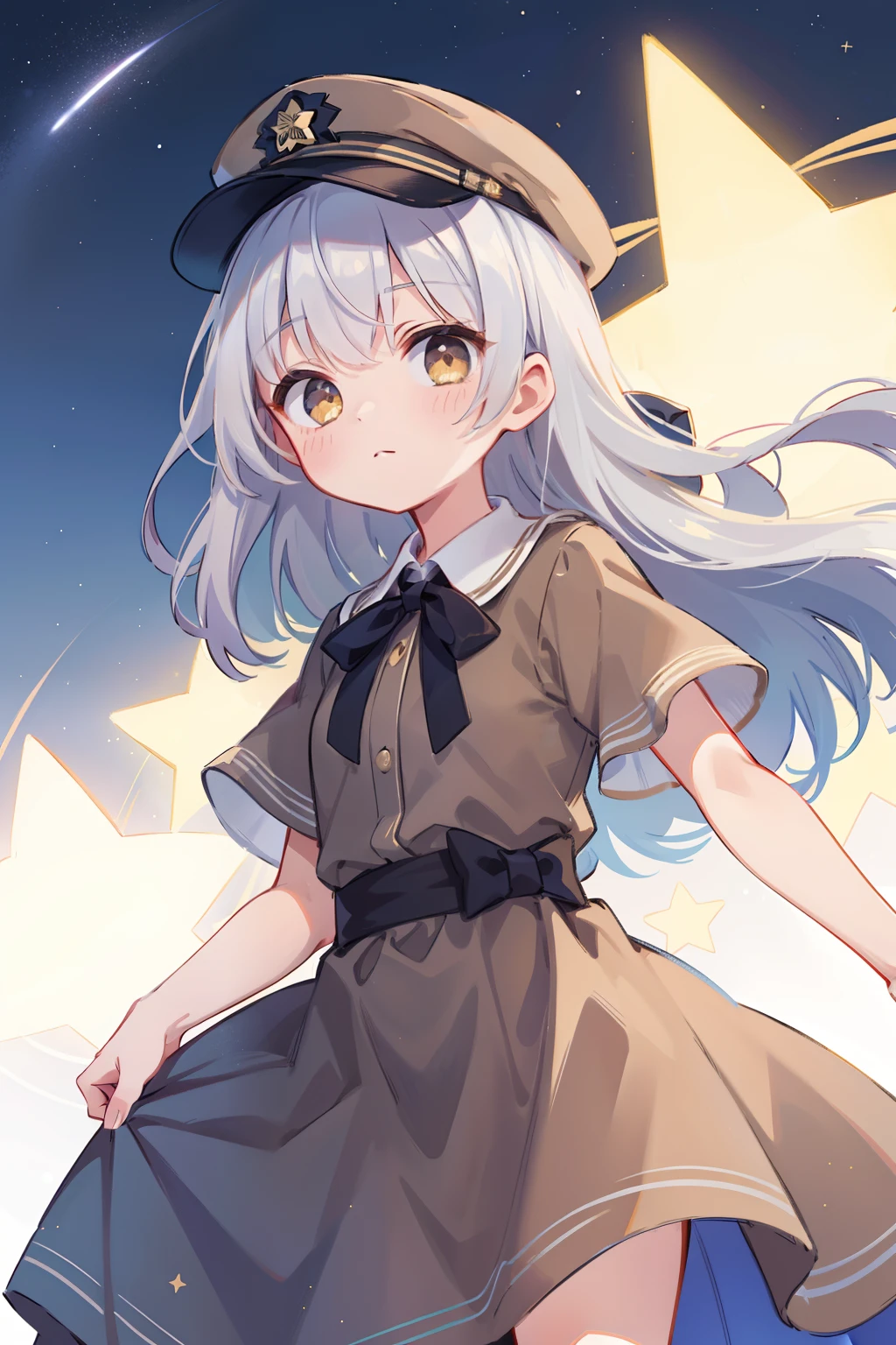 ((Best Quality)),((masutepiece)),((Ultra-detailed)),(Illustration),(Detailed light),(extremely delicate and beautiful),(8K、1girl in、Lori)、Silvery hair、Yellow eyes、Dresses based on brown、Dresses with the image of stars、Dresses that are easy to move in、(Brown dress)Background Simple、The upper part of the body、Delicate eyes、Star Eyes、Stars in the eyes、Viewer's Perspective、Long、Adventure hat、Pilot's Cap、