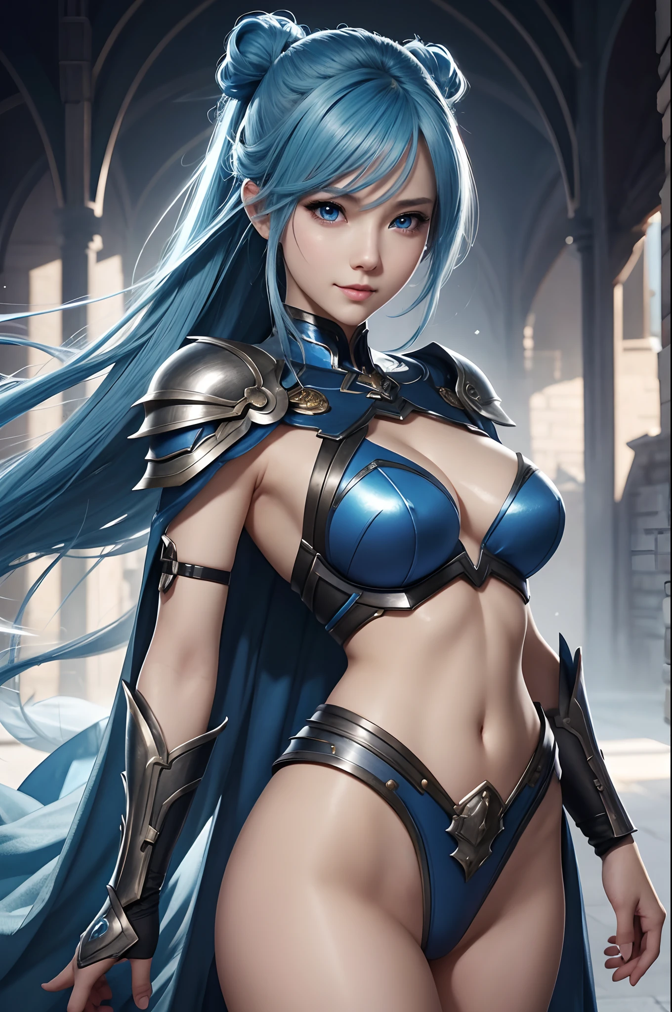 8K,Close-up of a woman in a blue and white dress、blue hairs, Super beauty,(Like the real thing)Blue eyes,poneyTail,Chengwei Pan on Artstation、 Yang J 作、 Detailed fantasy art、Stunning character art、 Fan Art Best Art Station、 Magnificent exquisite character art、 Beautiful armor、Highly detailed Artgerm、 Detailed Digital Animation Art、 Artgerm on ArtStation Pixiv、 Girl in Armor,dynamic ungle,超A high resolution,a smile,real looking skin,enticing,A sexy,Active,