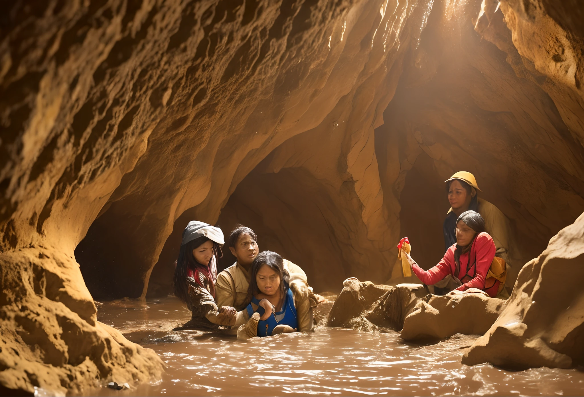 create an animated scene of two young womans rescuing an archeological couple sinking in a mud trap in the cave --auto --s2