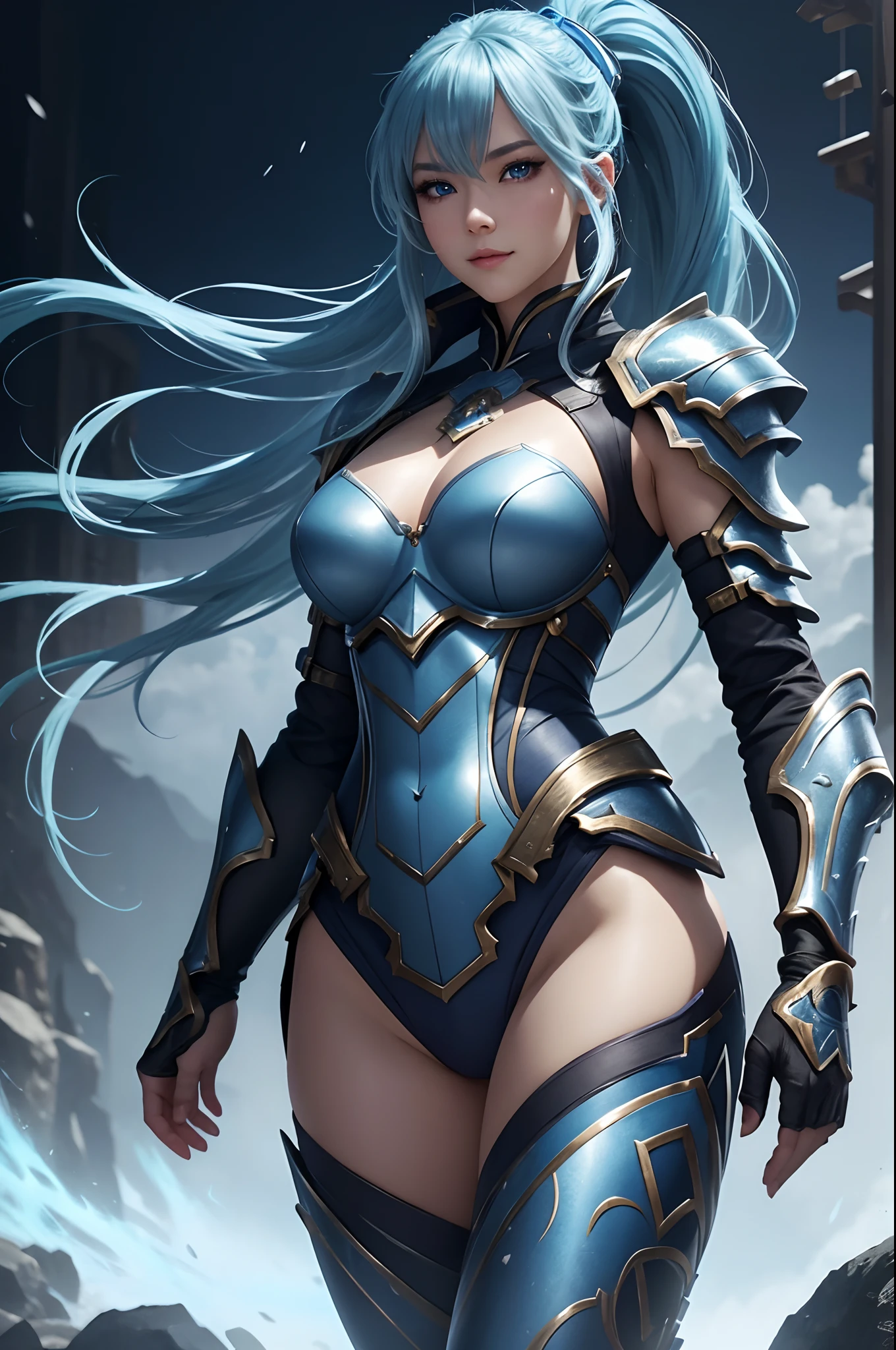 8K,Close-up of a woman in a blue and white dress、blue hairs, Super beauty,(Like the real thing)Blue eyes,poneyTail,Chengwei Pan on Artstation、 Yang J 作、 Detailed fantasy art、Stunning character art、 Fan Art Best Art Station、 Magnificent exquisite character art、 Beautiful armor、Highly detailed Artgerm、 Detailed Digital Animation Art、 Artgerm on ArtStation Pixiv、 Girl in Armor,dynamic ungle,超A high resolution,a smile,real looking skin,enticing,A sexy,Active,