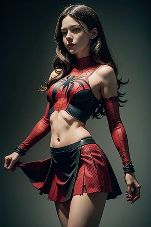 Elizabeth Olsen, 1girl, solo, full body, long hair, breasts, busty, looking at viewer, brown hair, black hair, cleavage,  red color dress, red dress, scarlet witch headband, translucent, translucent dress, high side slit, show thigh, long boots, floating, flying, legs straight down, multicolored hair, lips, realistic, glowing eyes, Hyperrealism, perfect proportion body, good proportion body, glowing light, ray tracing, backlighting, rim light, lughbathing, bokeh, f/1.2, Canon, best quality, anatomically correct, high details, super detail, high quality, best quality, 16k