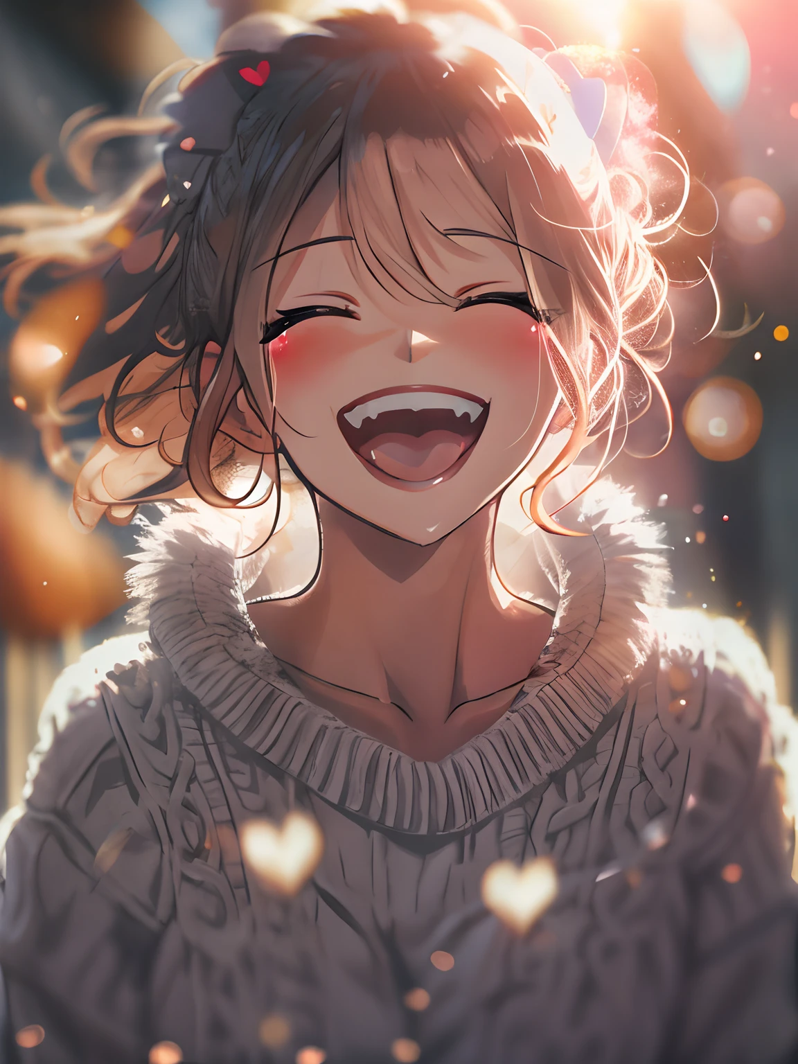 a girl, cosy sweater on, upper body, (huge Laughing:1.1), (open mouth:1.1), (wide open eyes:1.2), sun glare, bokeh, depth of field, blurry background, light particles, strong wind, (heart particles:1.1)