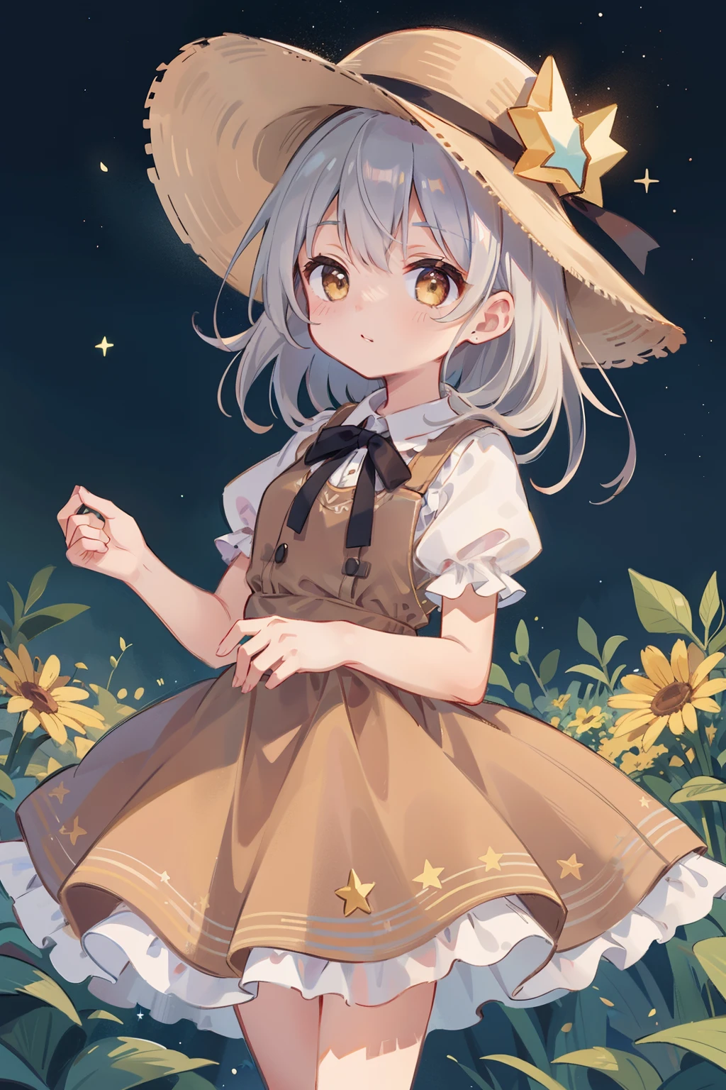 (Best Quality)),((masutepiece)),((Ultra-detailed)),(Illustration),(Detailed light),(extremely delicate and beautiful),(8K、1girl in、Lori)、Silvery hair、Yellow eyes、Dresses based on brown、Dresses with the image of stars、Dresses that are easy to move in、(Brown dress)Background Simple、The upper part of the body、Delicate eyes、Star Eyes、Stars in the eyes、Viewer's Perspective、Long、Adventure hat、((Tough Doggie))