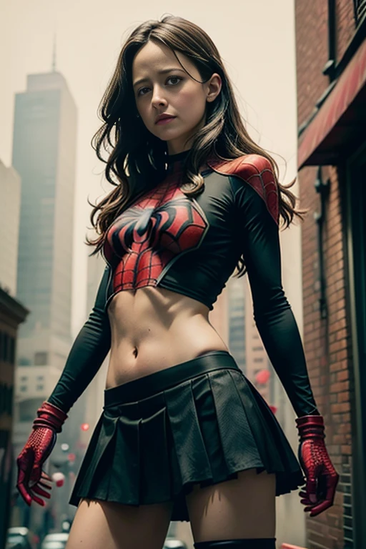 Alexandra Breckenridge、Sticking out the navel、newyork、She wears a torn Spider-Man suit,wearing skirt、 Red and black color scheme,Dynamic、​masterpiece、top-quality、ultra-detailliert、ighly detailed、beautiful detailed brilliance、超A high resolution