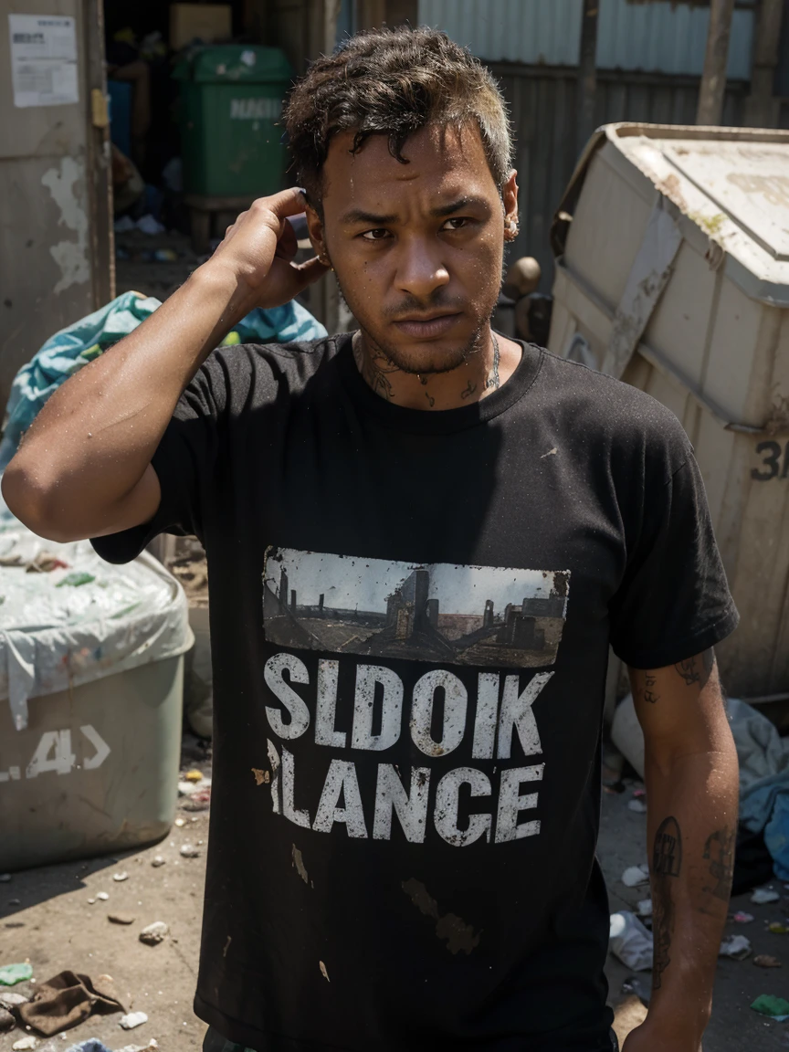 (4k,masterpiece:1.2),realistic,portrait,painting,garbage man, believable real Neymar Jr,plain black cotton t-shirt,idiottic expression,garbage,landfill,dump scene,waste,hardworking man,labor,dirty,smelly,can,wrappers,rubbish,refuse,broken furniture,foul odor,disgusting environment,disposable bags,overflowing trash cans,flies buzzing around,recession,urban decay,hard labor,physical work,dirt,grimy hands,sweat,exhaustion,smoke,debris,abandoned items,unpleasant,unhygienic,poverty,low-income job,grueling,strewn trash,filthy clothes,environmental issue