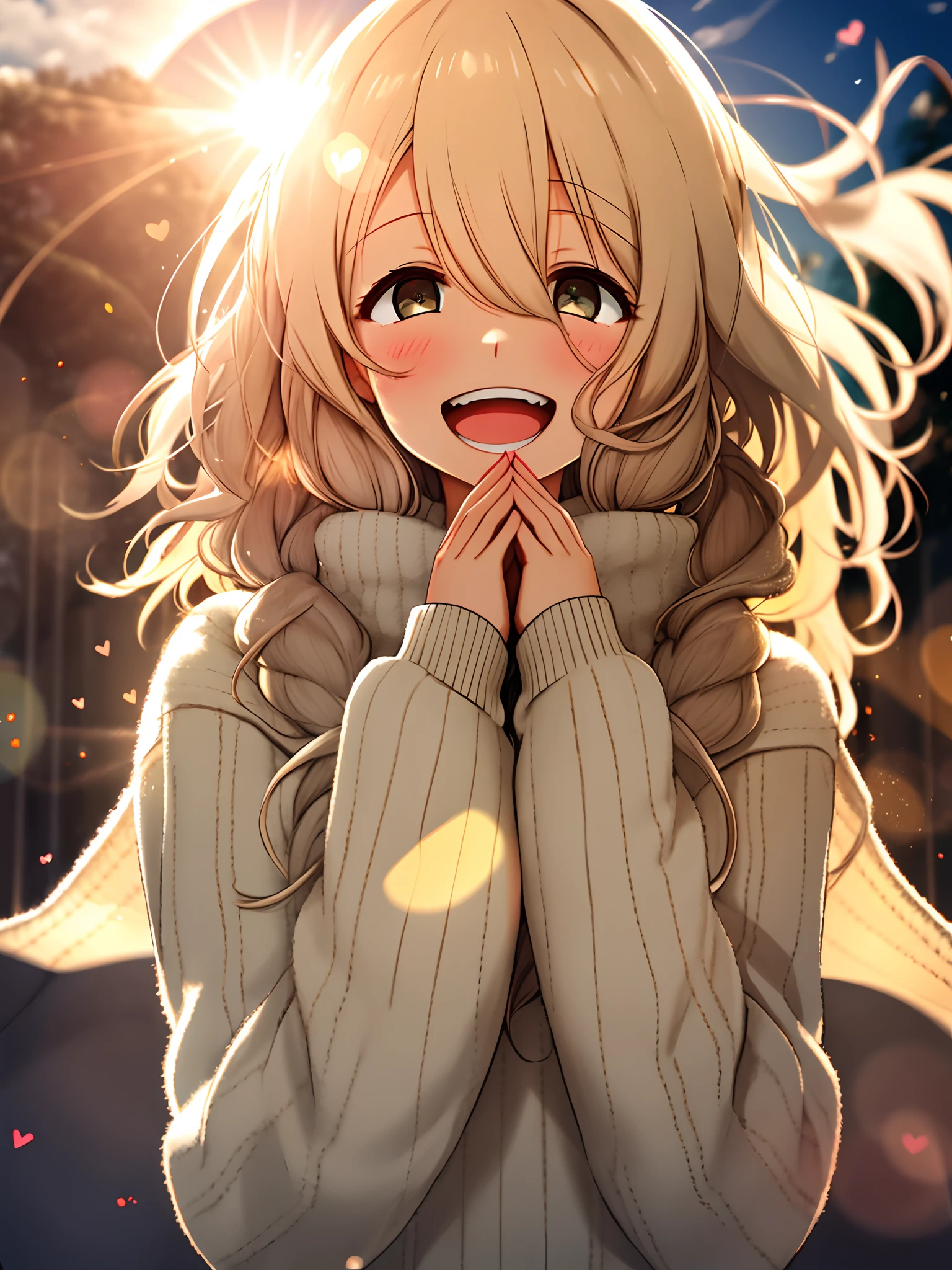 a girl, cosy sweater on, upper body, (huge Laughing:1.1), (open mouth:1.1), (wide open eyes:1.2), sun glare, bokeh, depth of field, blurry background, light particles, strong wind, (heart particles:1.1)
