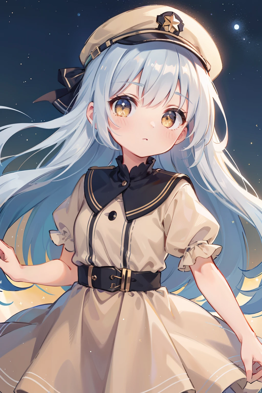 ((Best Quality)),((masutepiece)),((Ultra-detailed)),(Illustration),(Detailed light),(extremely delicate and beautiful),(8K、1girl in、Lori)、Silvery hair、Yellow eyes、Dresses based on brown、Dresses with the image of stars、Dresses that are easy to move in、(Brown dress)Background Simple、The upper part of the body、Delicate eyes、Star Eyes、Stars in the eyes、Viewer's Perspective、Long、Adventure hat、Pilot's Cap、