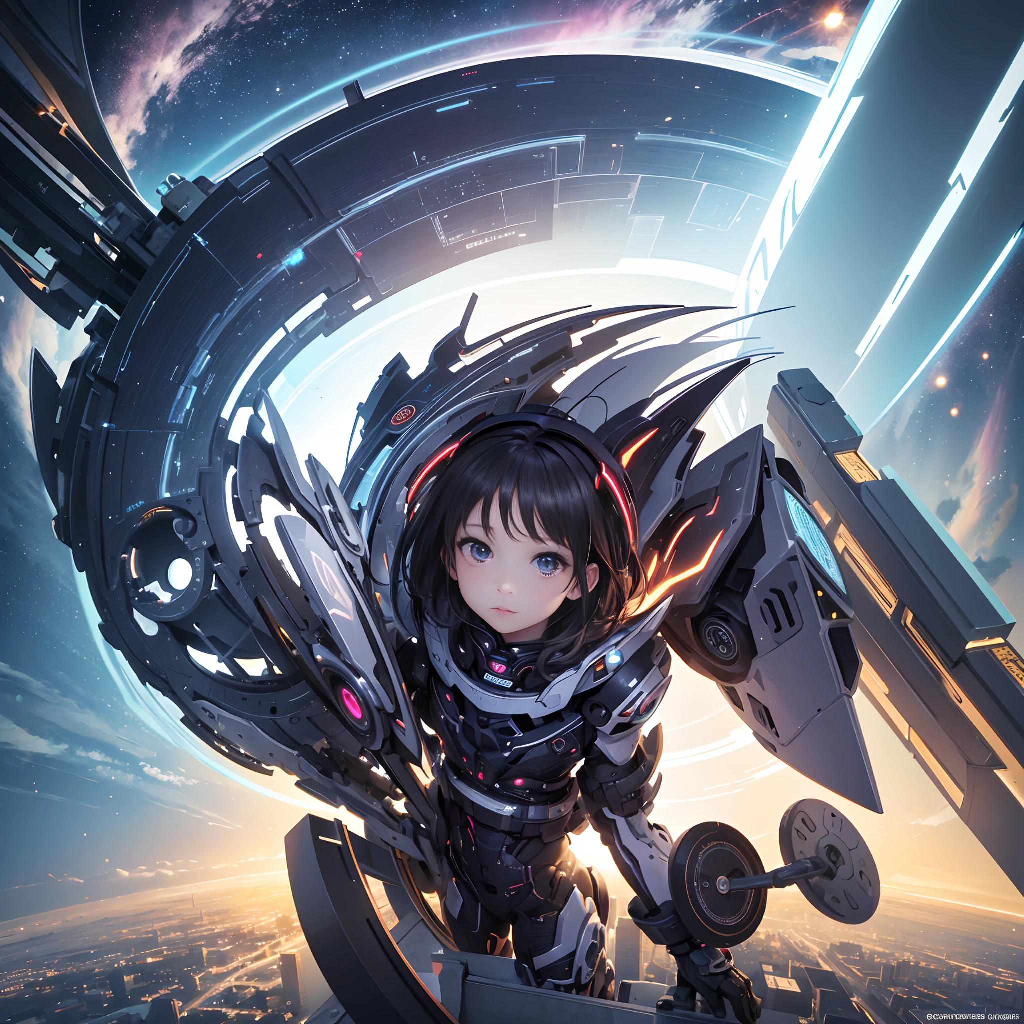 Highest quality,Highest Resolution,A beautiful android girl flying in space,Earth in the background,Equipped with cutting-edge technology,